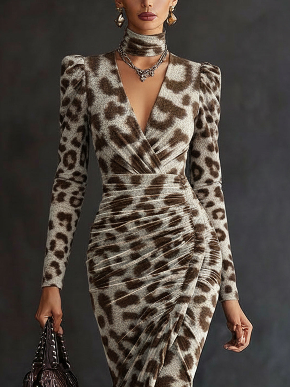 Leopard Print Wrap Bodycon Dress With High Neck And Puff Shoulders