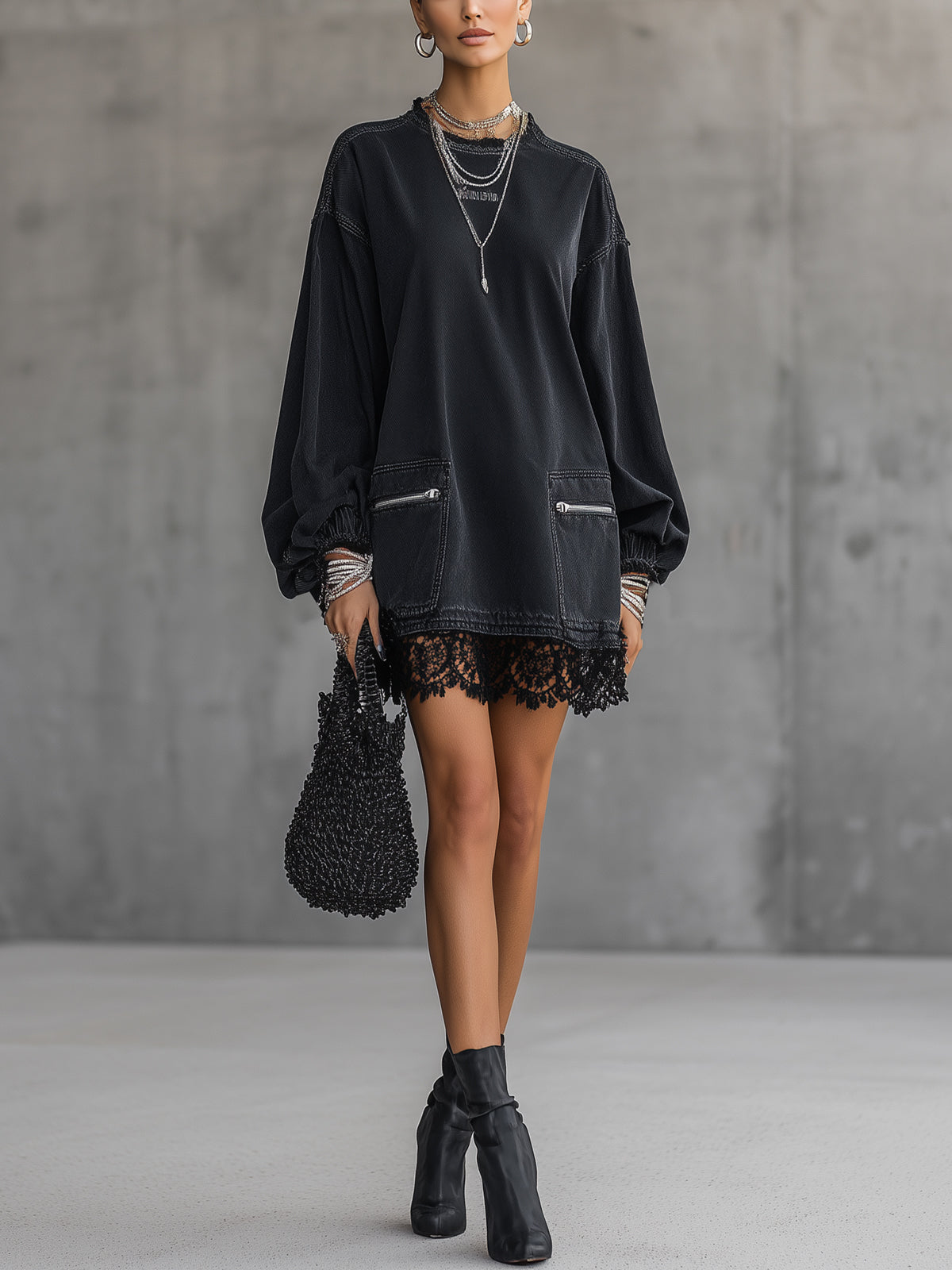 Black Lace Hem Long Sleeve  Denim Mini Dress