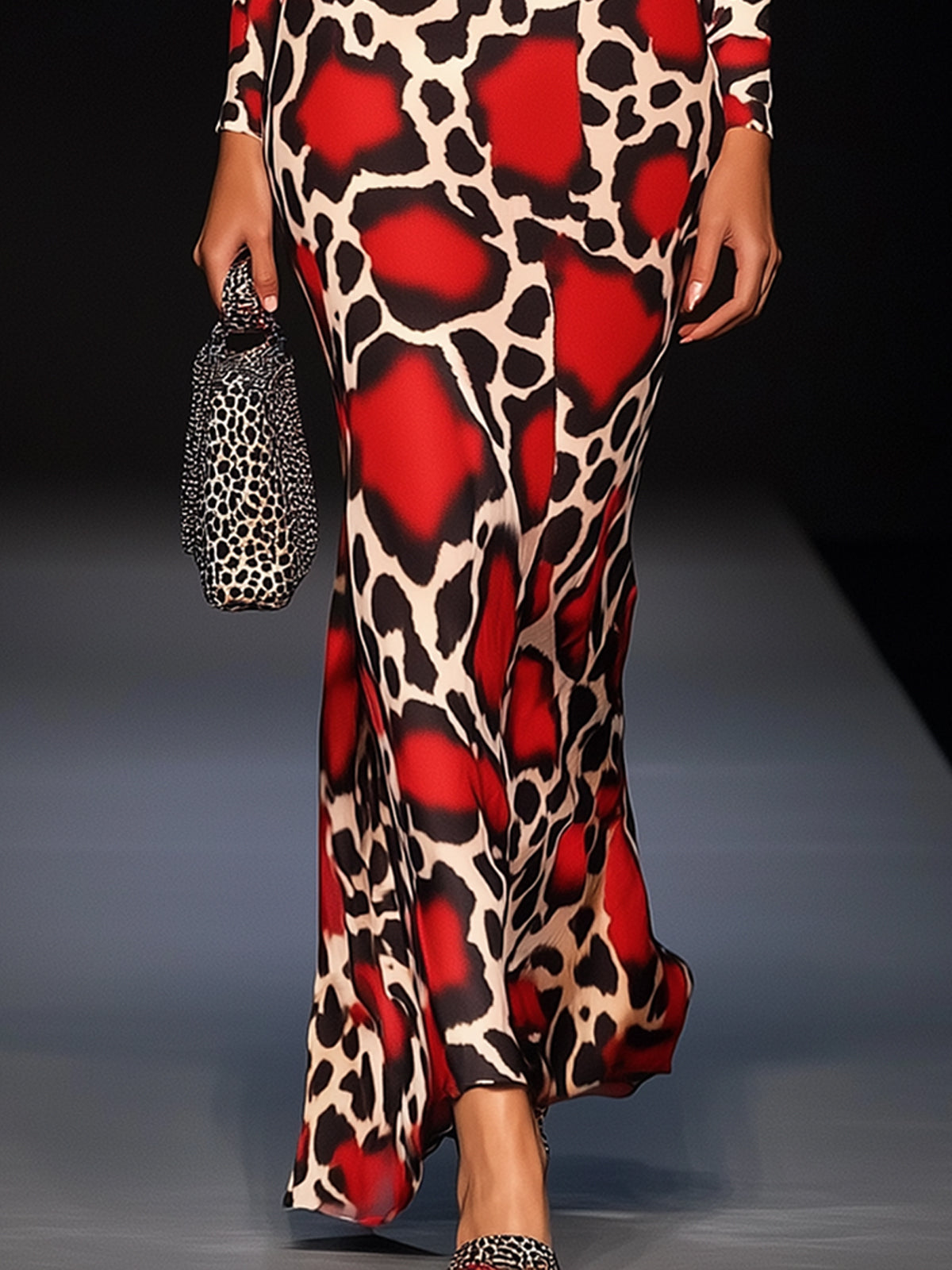 Off Shoulder Red And Black Animal Print Maxi Dress