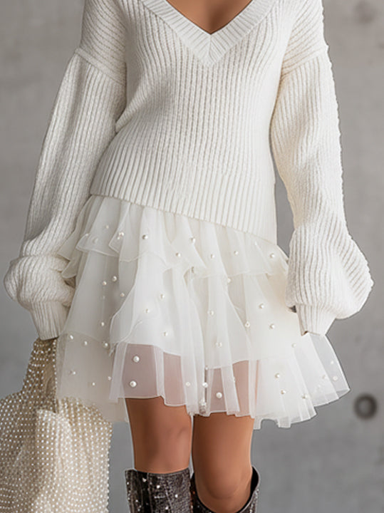 White V-Neck Knit Mini Dress With Layered Tulle Pearl Skirt