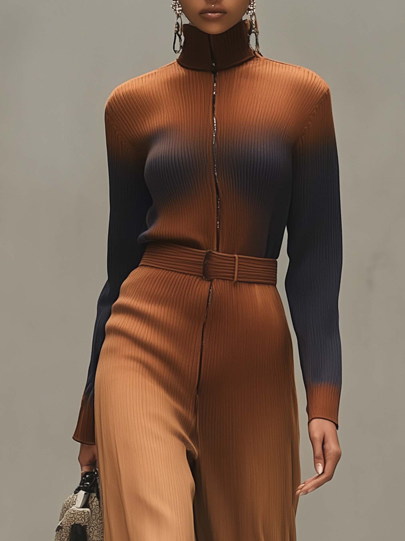 Brown Turtleneck Sweatshirt Jumpsuit With Navy Gradient