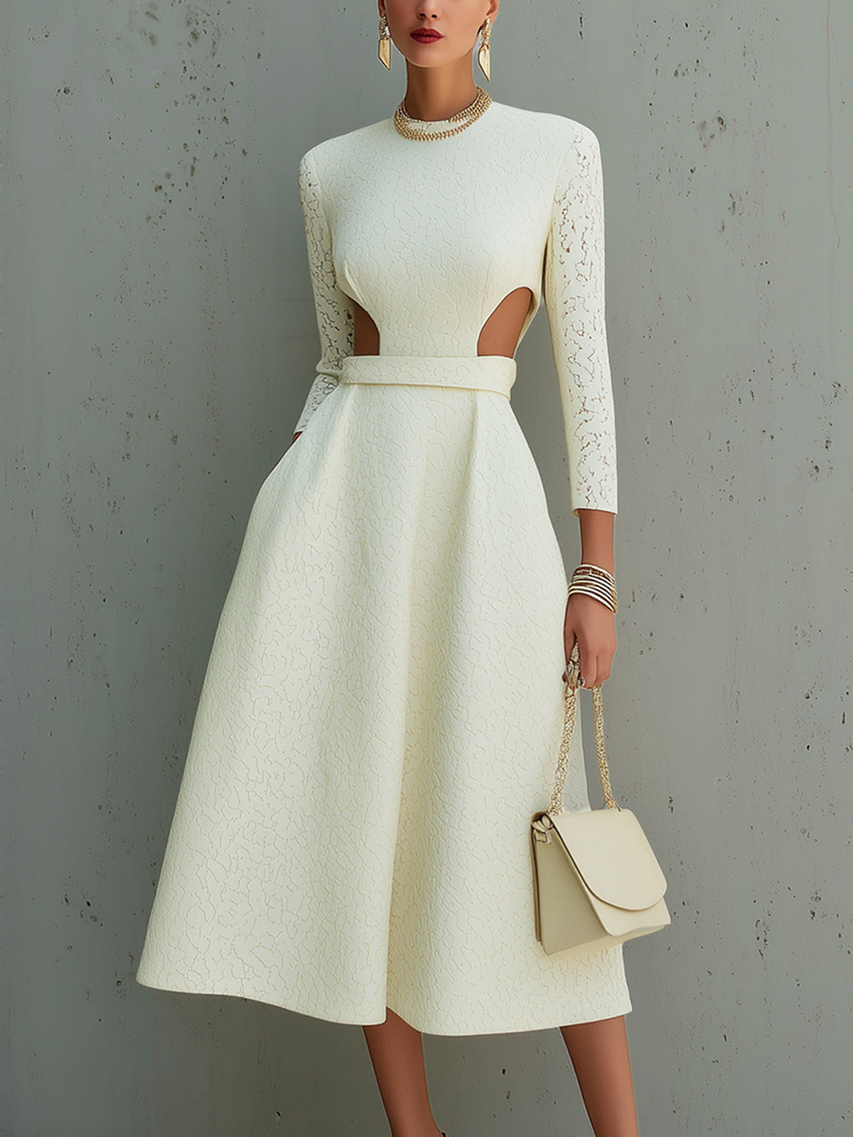 Ivory Textured Cutout Midi Dress With Long Sleeves