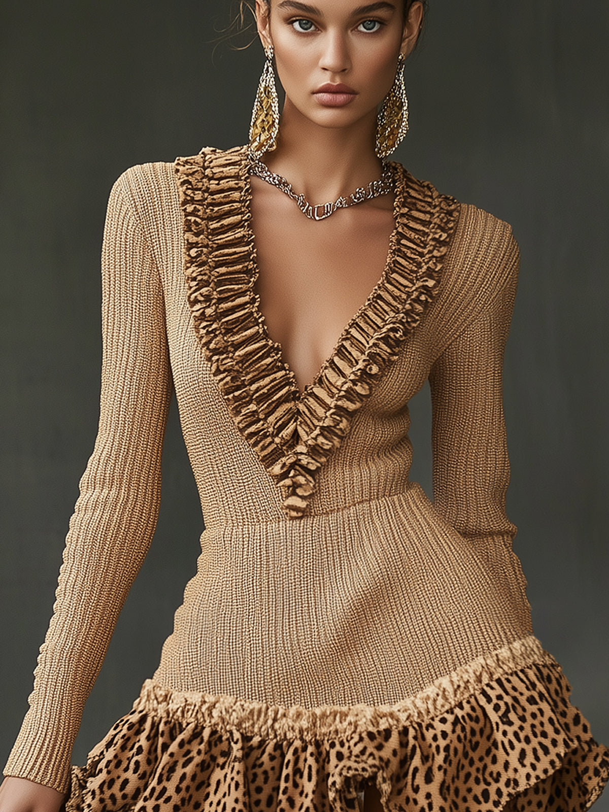Camel Knitted V-Neck Mini Dress With Leopard Ruffle Hem