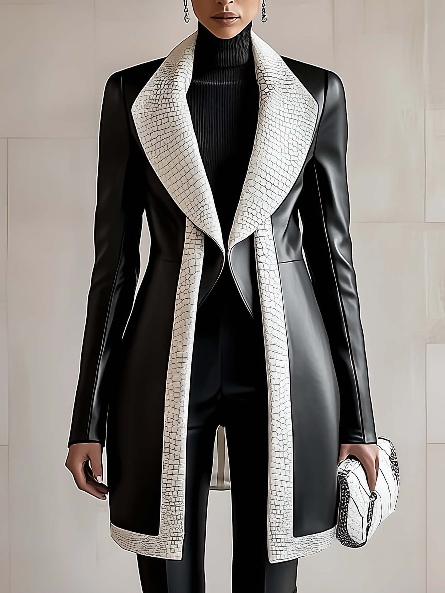 Black Faux Leather Jacket With White Stylish Trim And Lapels