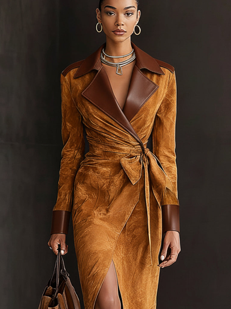 Brown Vintage Suede Faux Leather Wrap Long Sleeve Midi Dress