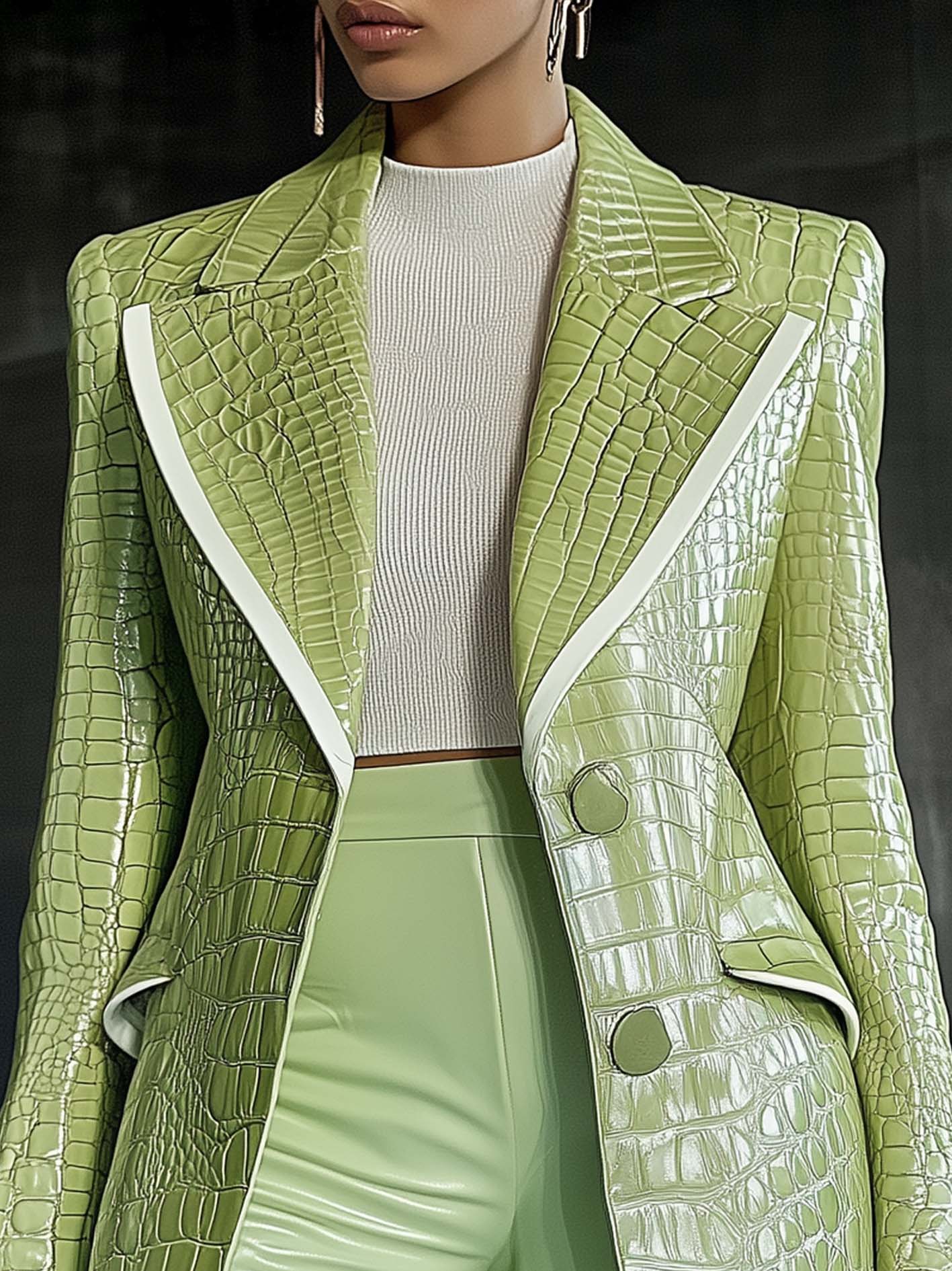Light Green Textured Faux Leather Jacket With White Trim