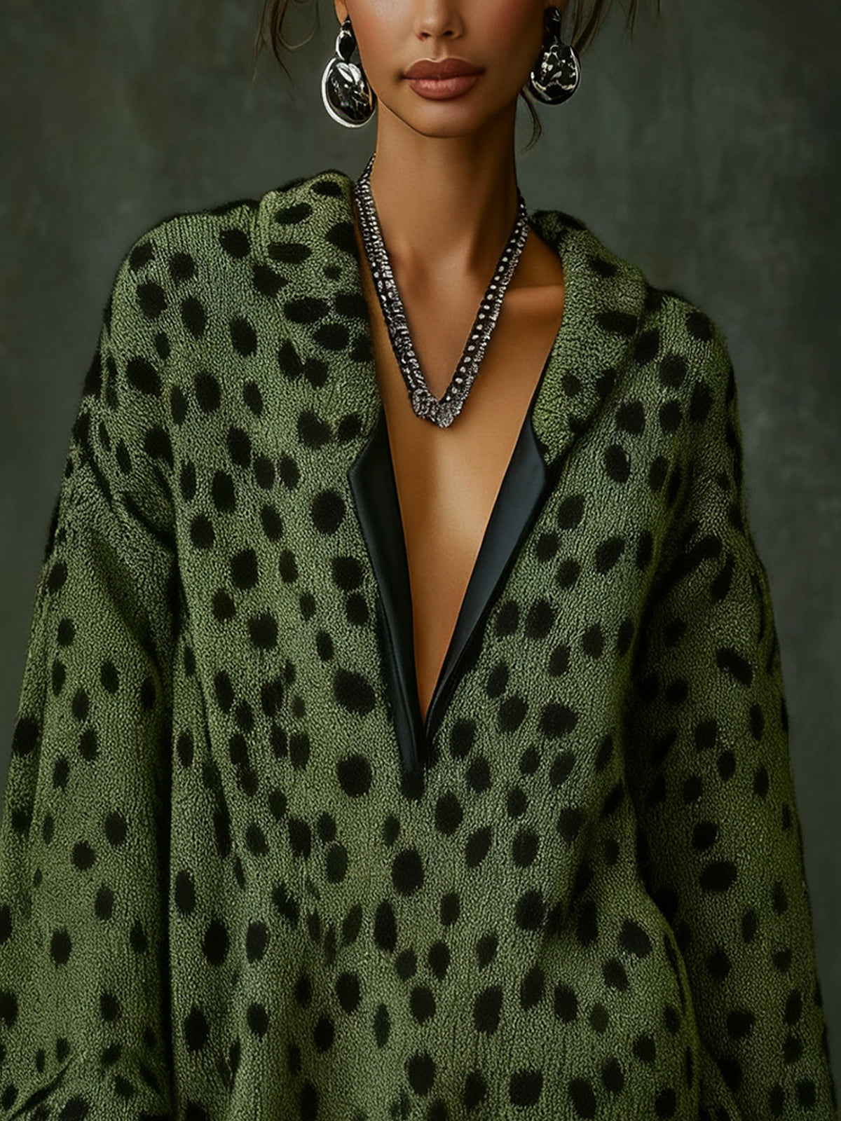 Green Leopard Print Knit Dress With Black Trim
