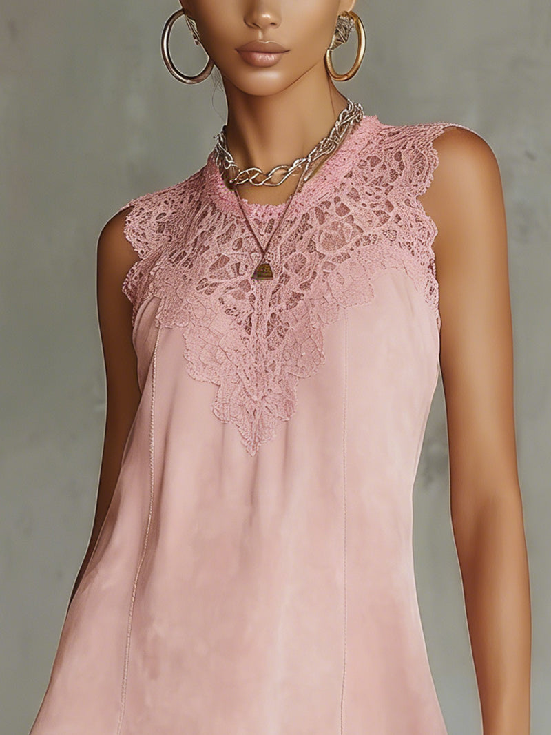 Pink Sleeveless Faux Suede Mini Dress With Lace