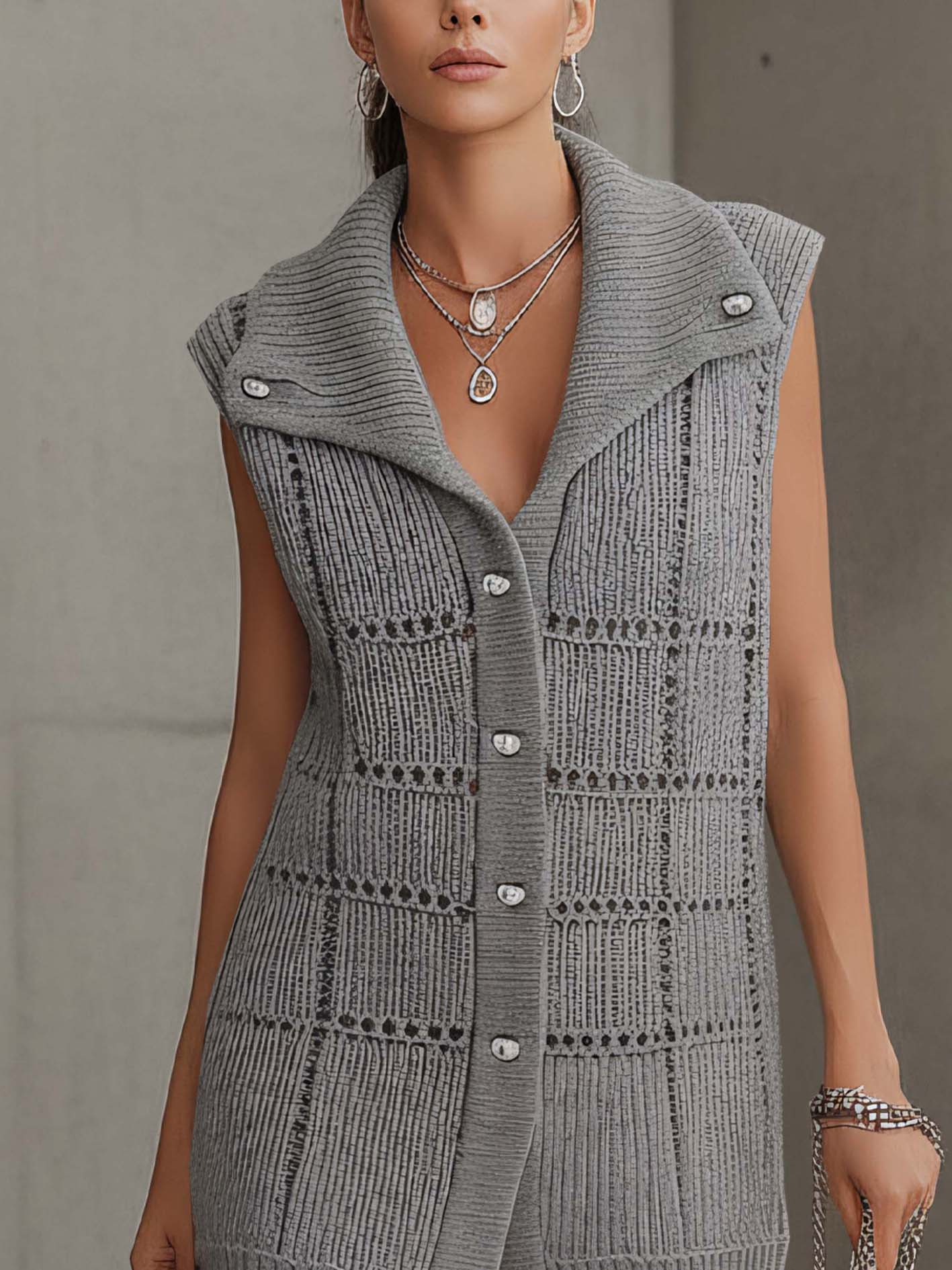 Gray Hollow Plaid Textured Knit Sleeveless Mini Dress