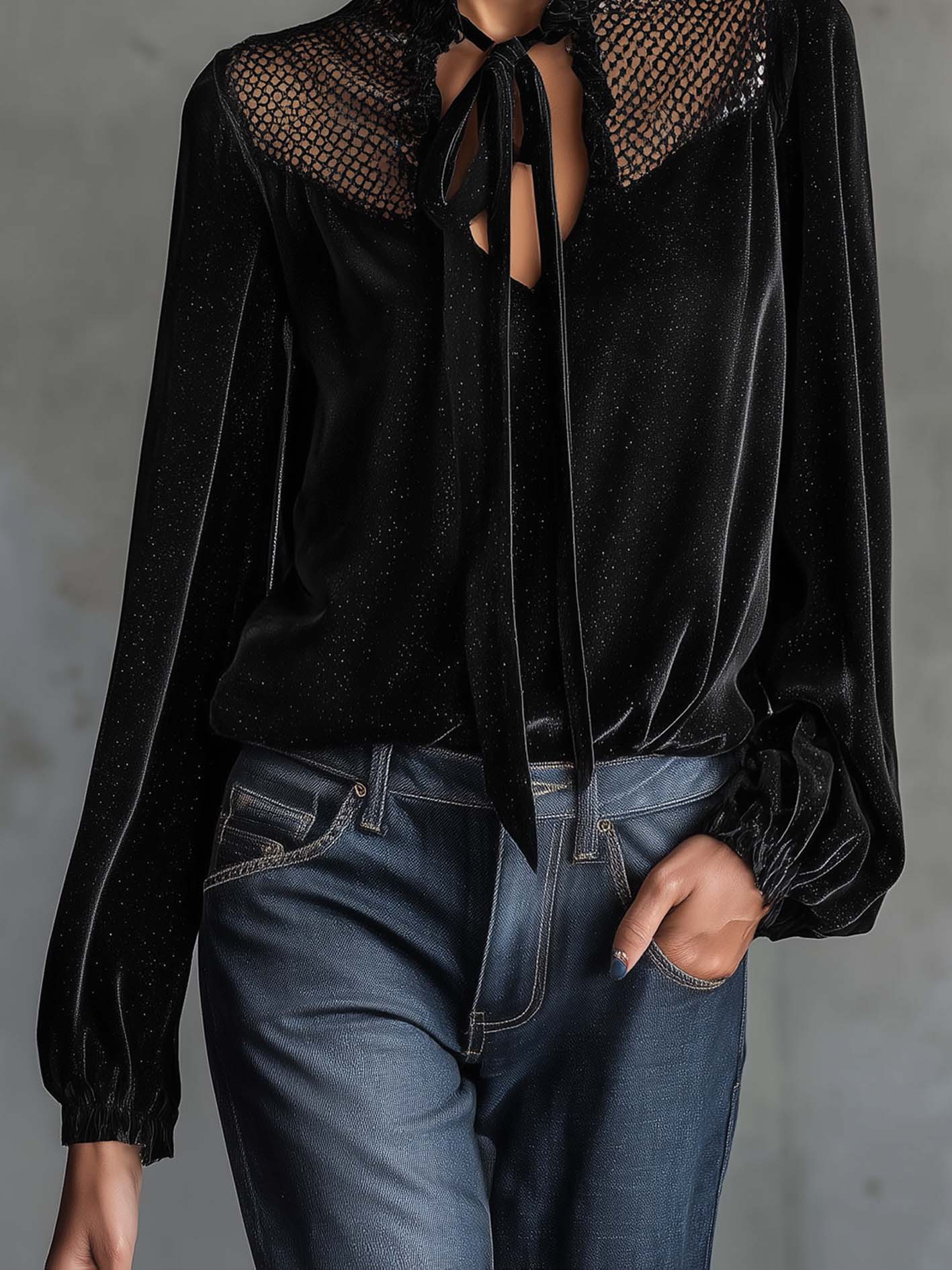Black Sparkle Velvet Blouse With Mesh Patchwork