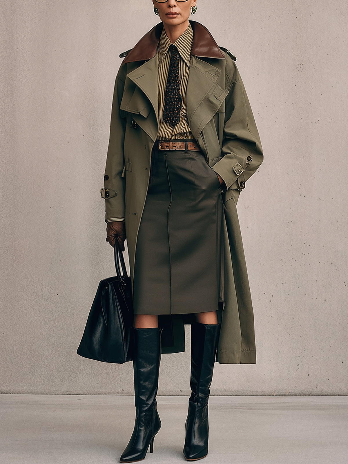 Olive Double Breasted Trench Coat With Contrast Collar