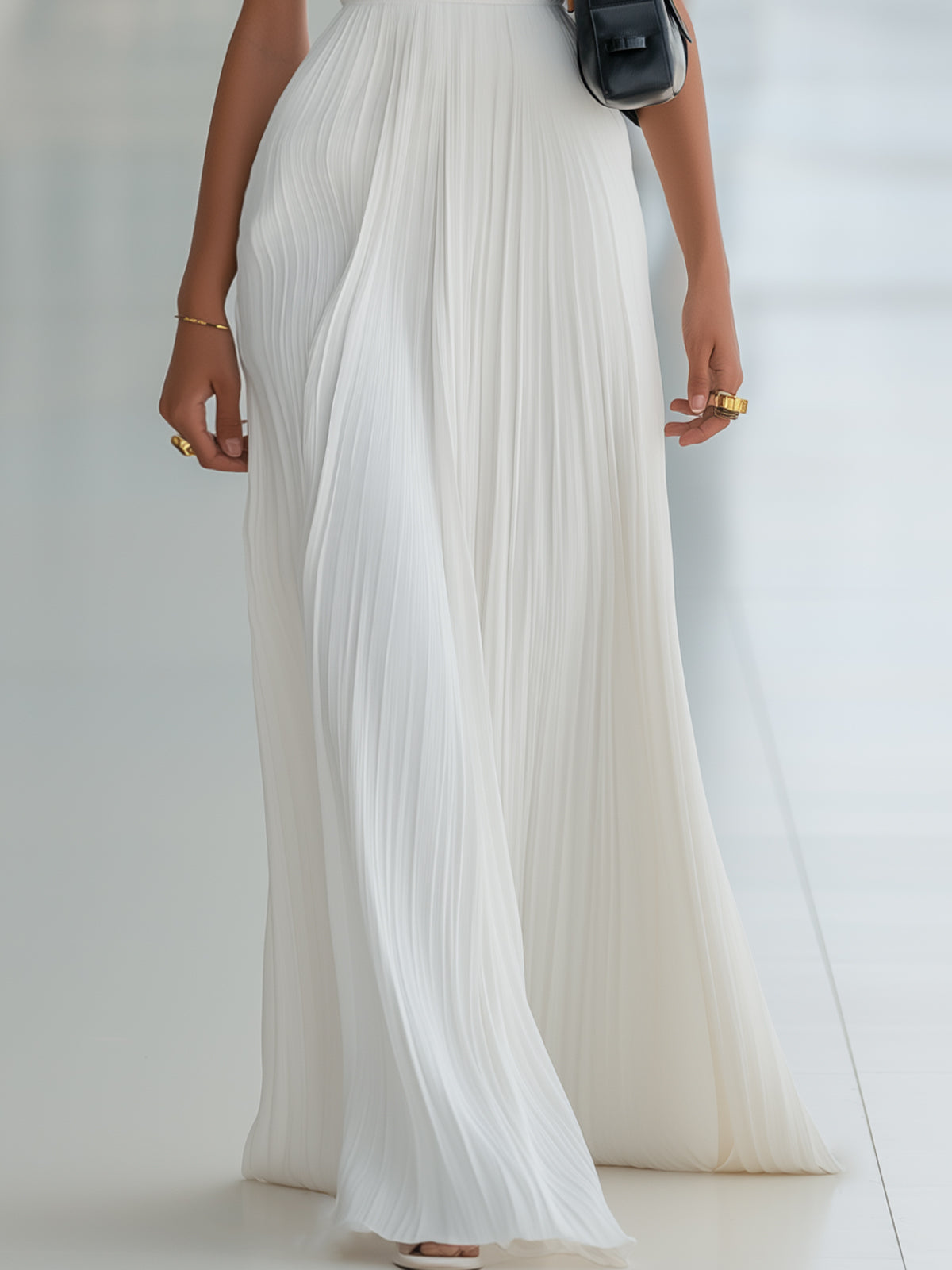 White Solid Pleated Deep-V Sleeveless Floor-Length Maxi Dress
