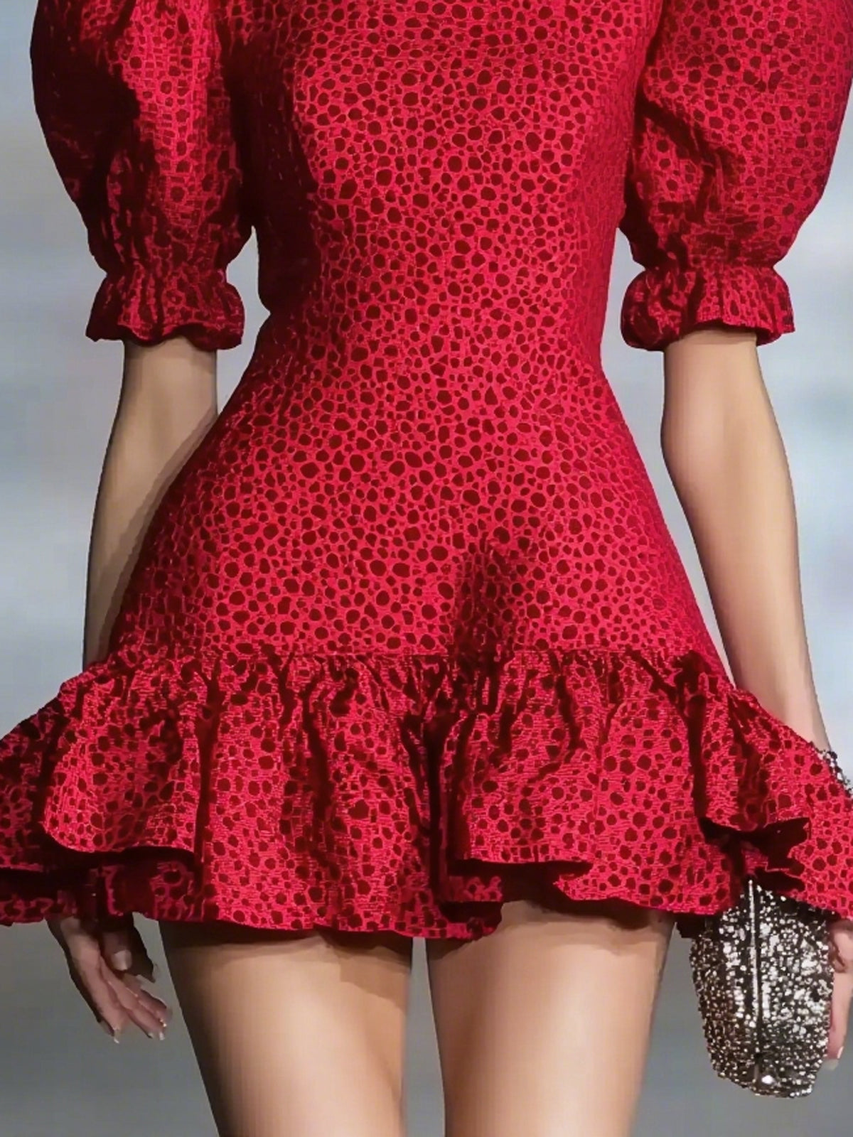 Red Jacquard Polka Dot Puff Sleeve Crew Neck Mini Dress With Ruffle Hem