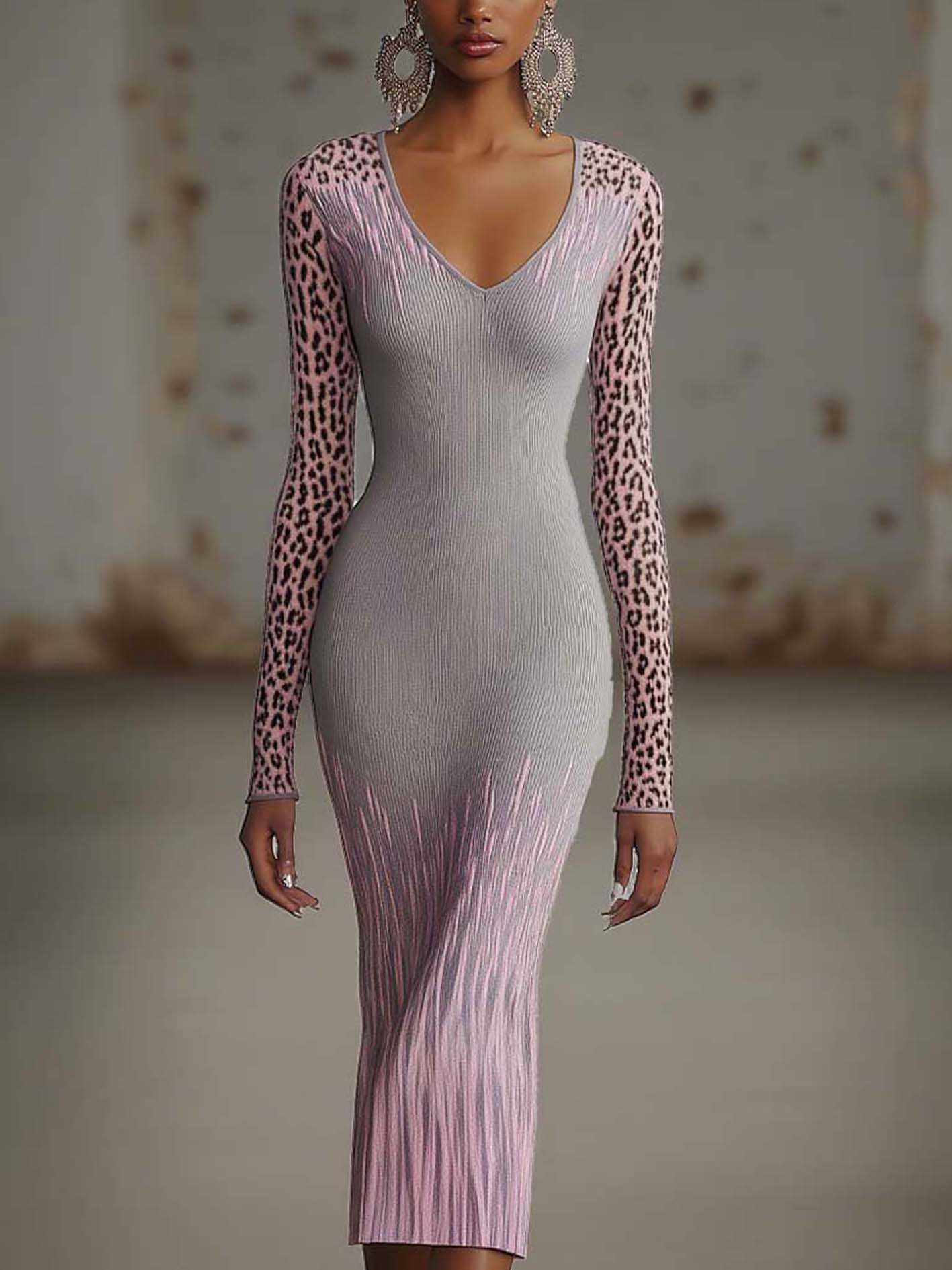 Gray Knitted Midi Bodycon Dress With Pink Leopard Print And Lines