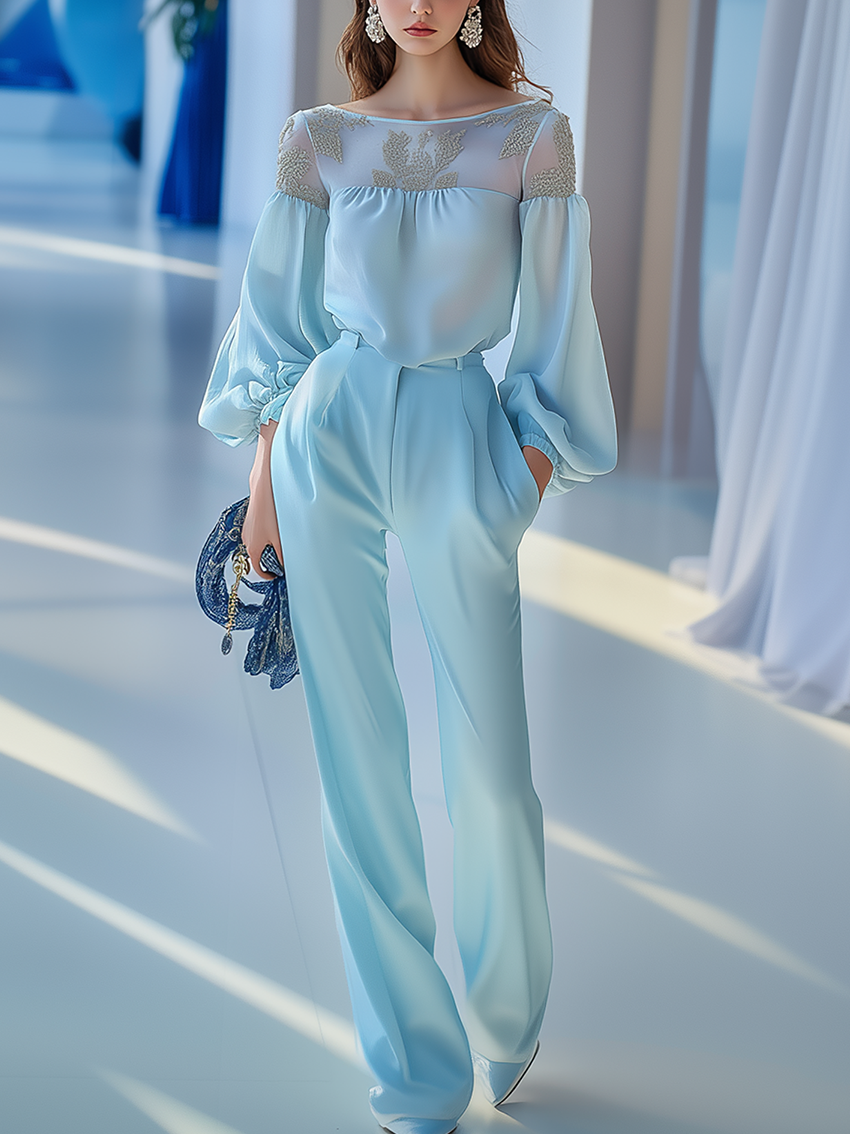 Sky Blue Chiffon Suit With Silver Plant Embroidery