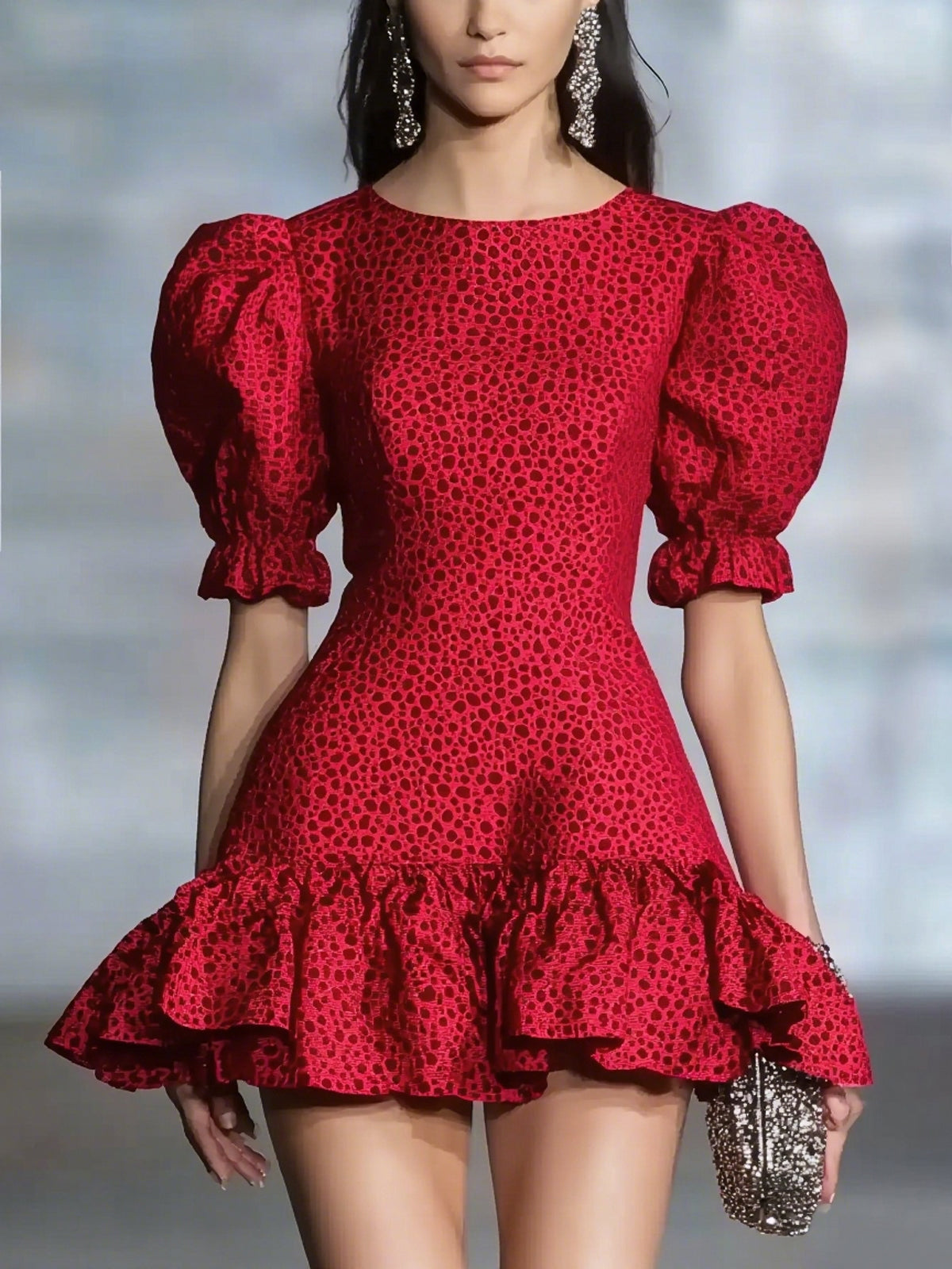 Red Jacquard Polka Dot Puff Sleeve Crew Neck Mini Dress With Ruffle Hem