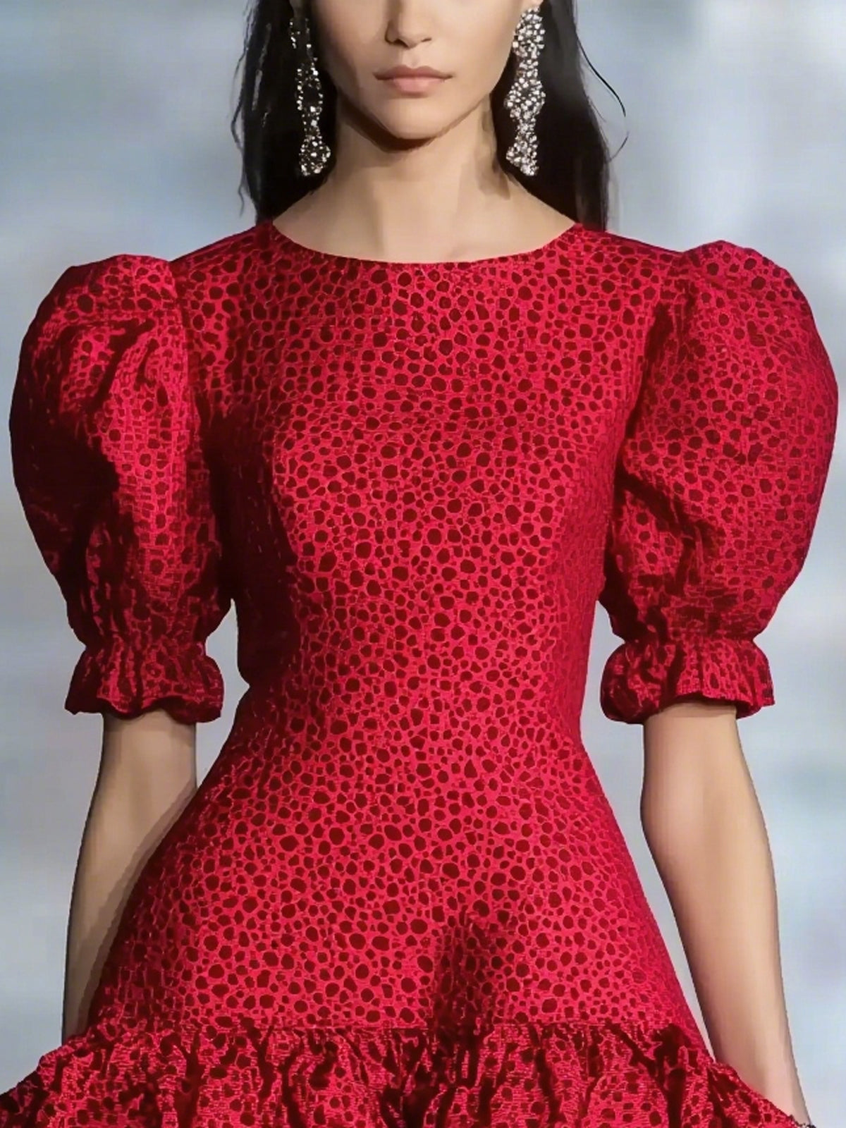 Red Jacquard Polka Dot Puff Sleeve Crew Neck Mini Dress With Ruffle Hem