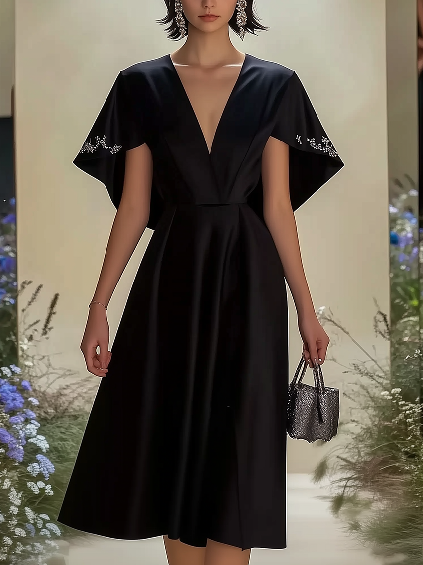 Black Satin Midi Dress With Fashion Cape Design