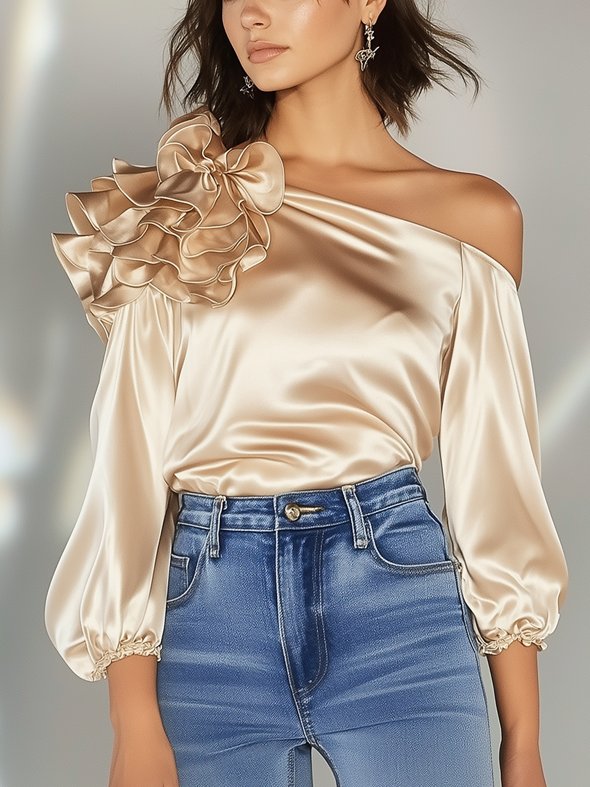 One Shoulder Champagne Satin Shirt With Ruffles