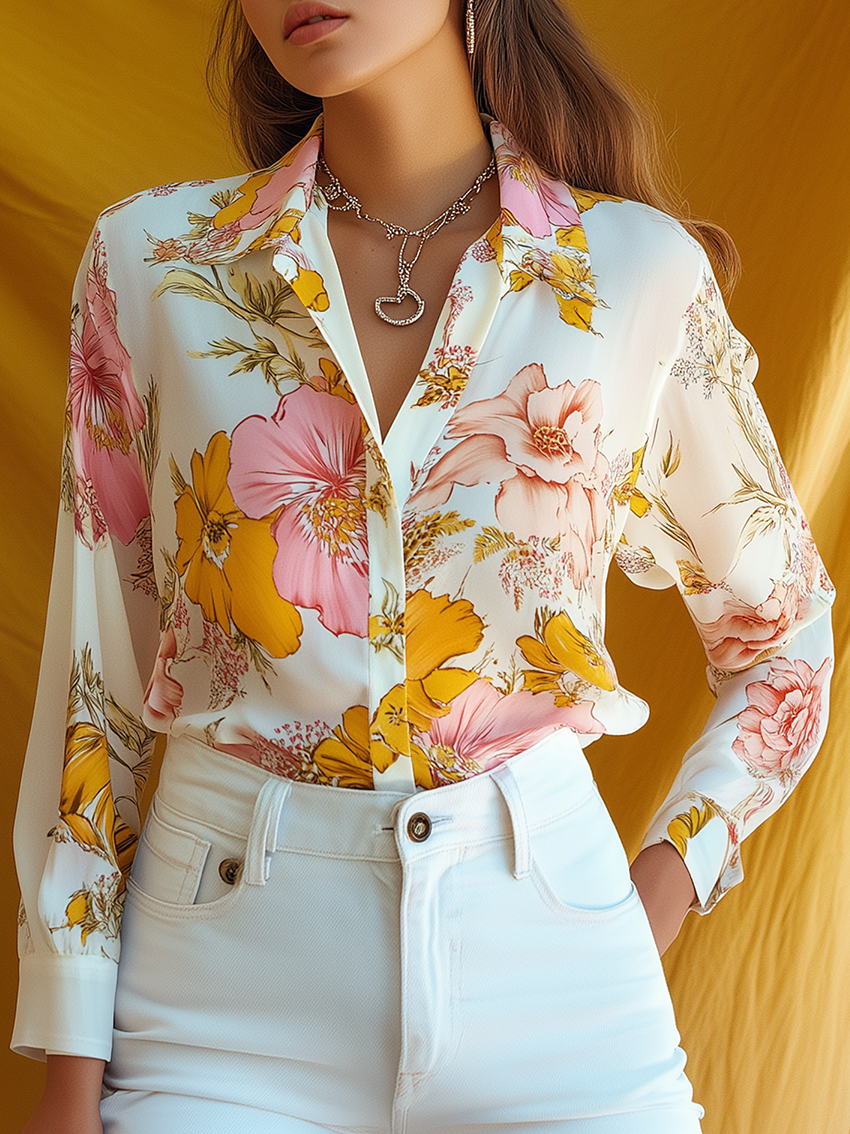 White Blouse With Pink And Yellow Flower Print