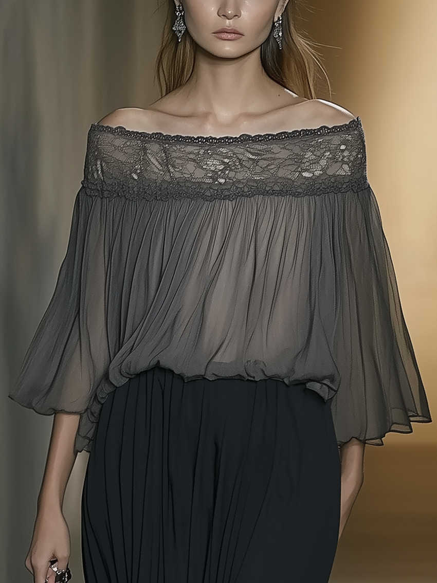 Off Shoulder Neckline Stitching Mesh Gray Chiffon Shirt