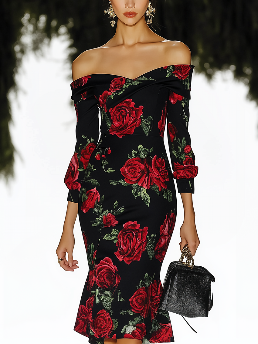 Off The Shoulder Black Midi Bodycon Dress With Rose Print