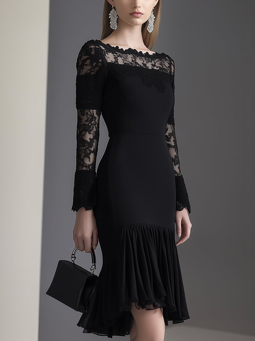 Off-The-Shoulder Black Midi Dress With Lace Stitching