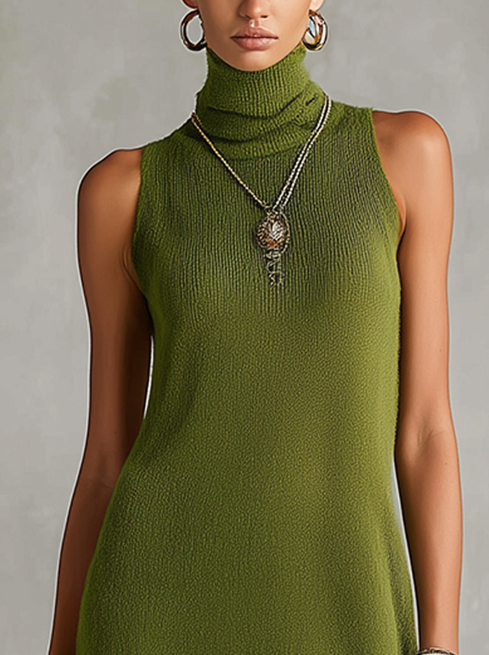 Olive Green Sheer High-Neck Sleeveless Maxi Dress