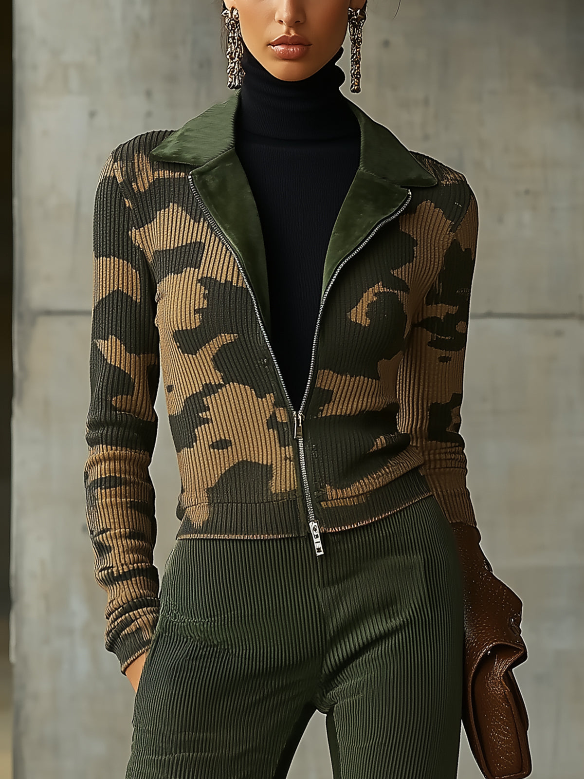 Camouflage Ribbed Jacket With Suede Lapels