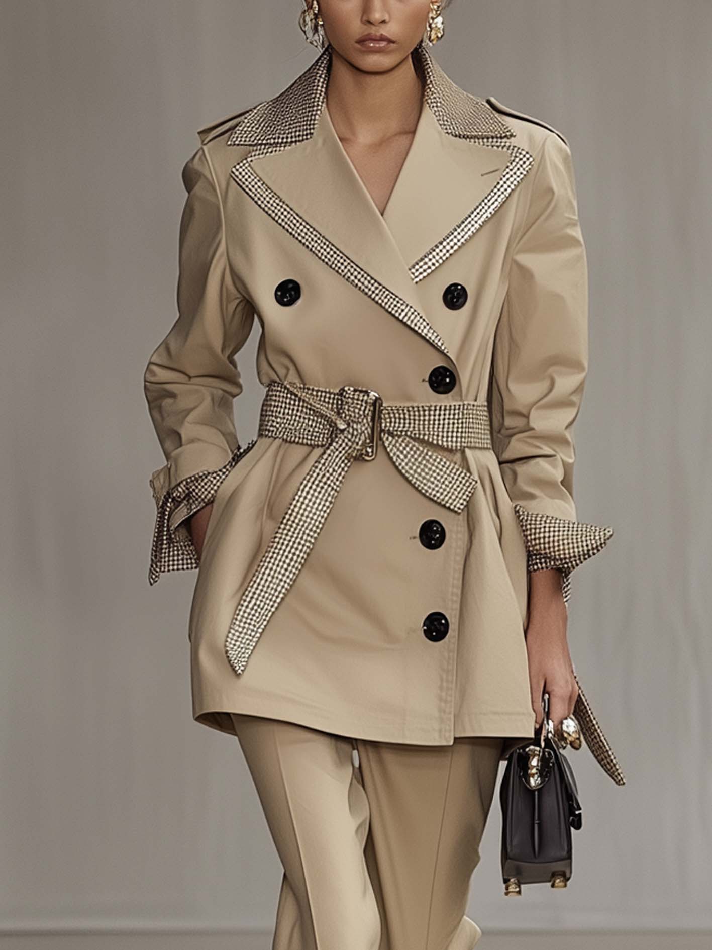 Belted Khaki Trench Coat With Stylish Webbing Panels