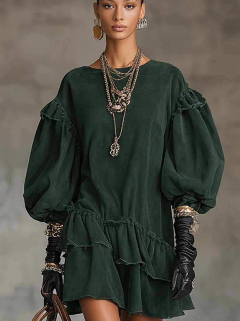 Vintage Forest Green Washed Knit Ruffle Mini Dress