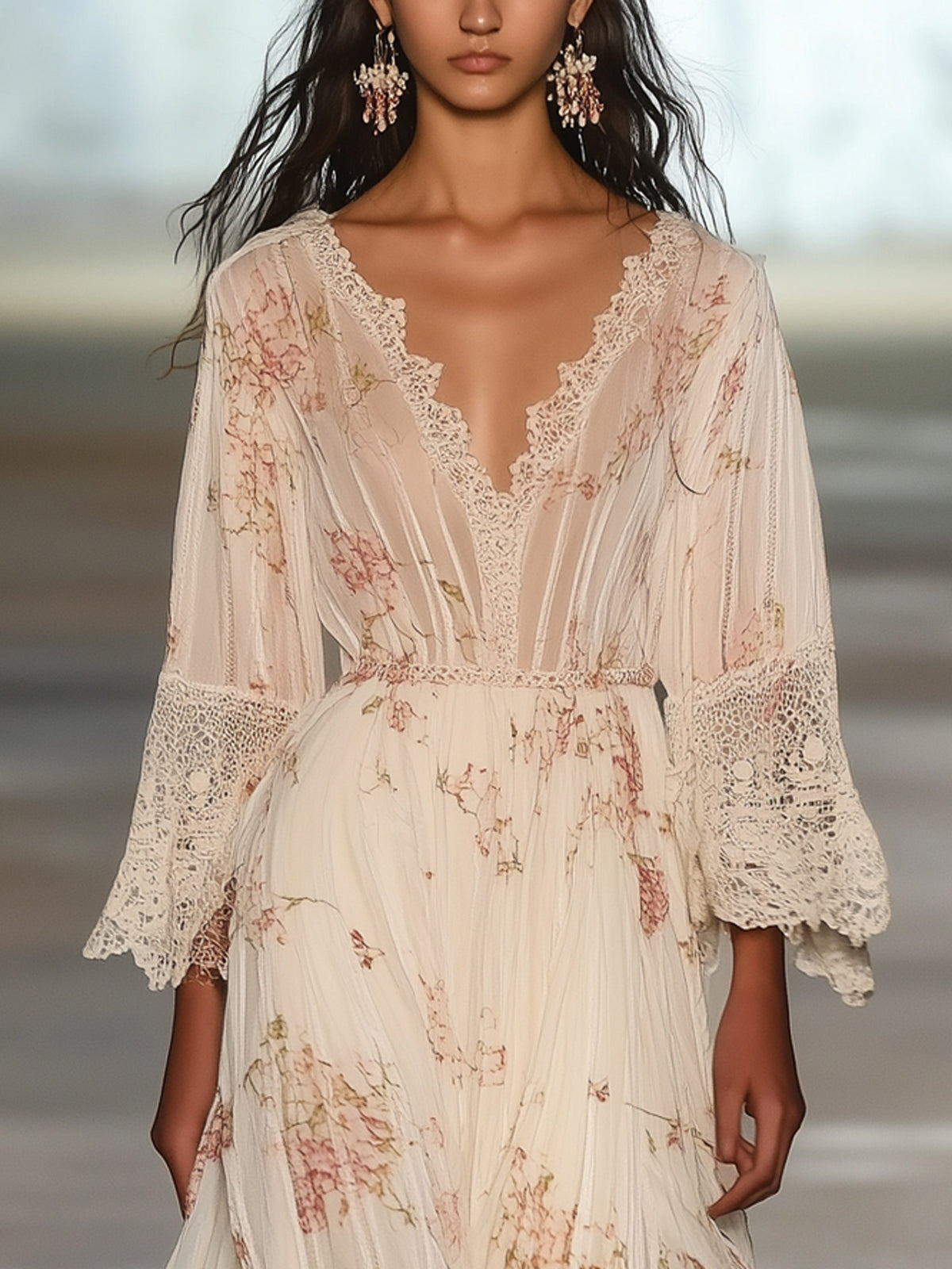 Ivory Floral Chiffon Lace Trim Deep V-Neck Bell Sleeve Maxi Dress