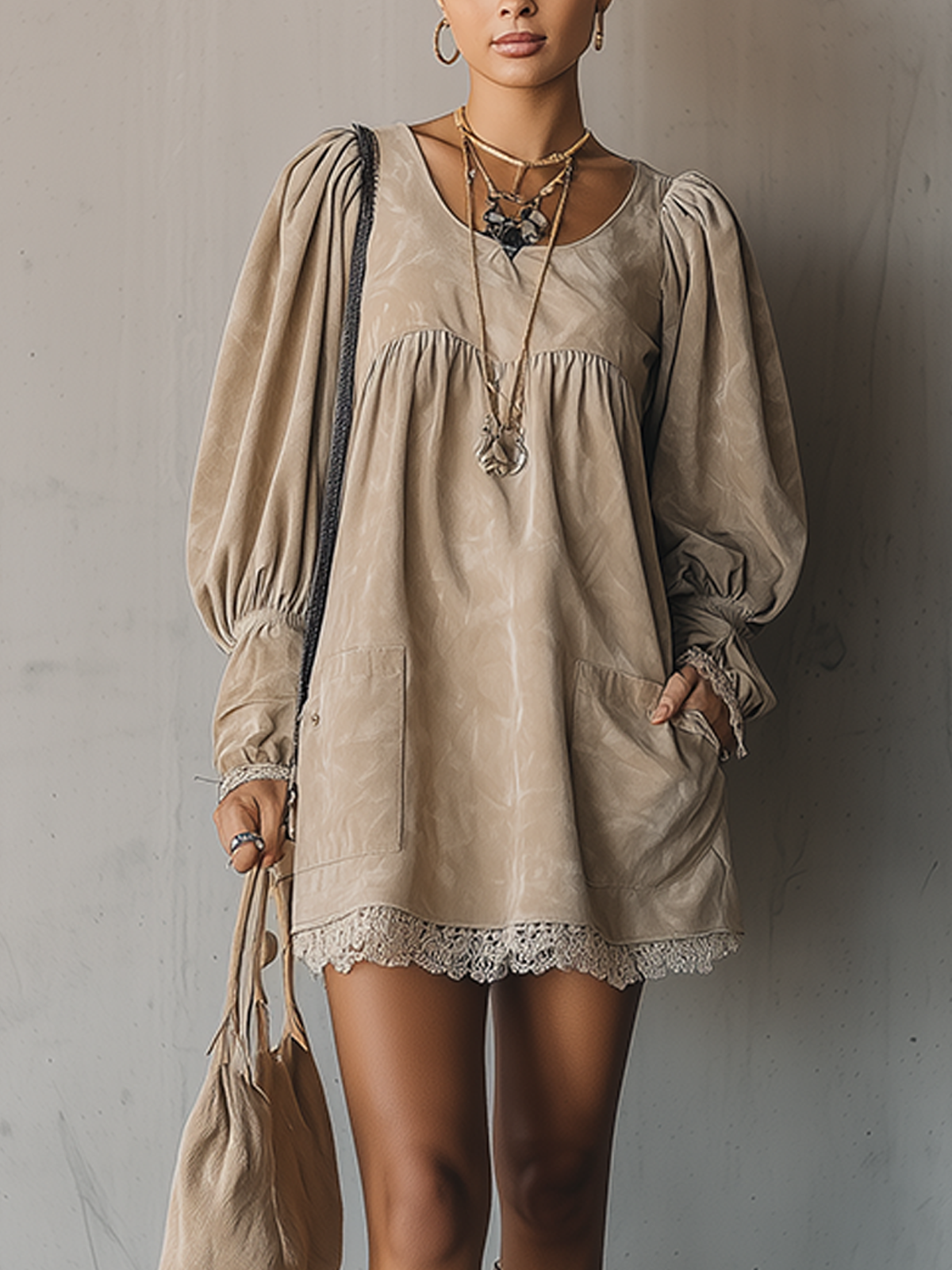 White Faux Suede Puff Sleeve Lace-Trim Mini Dress