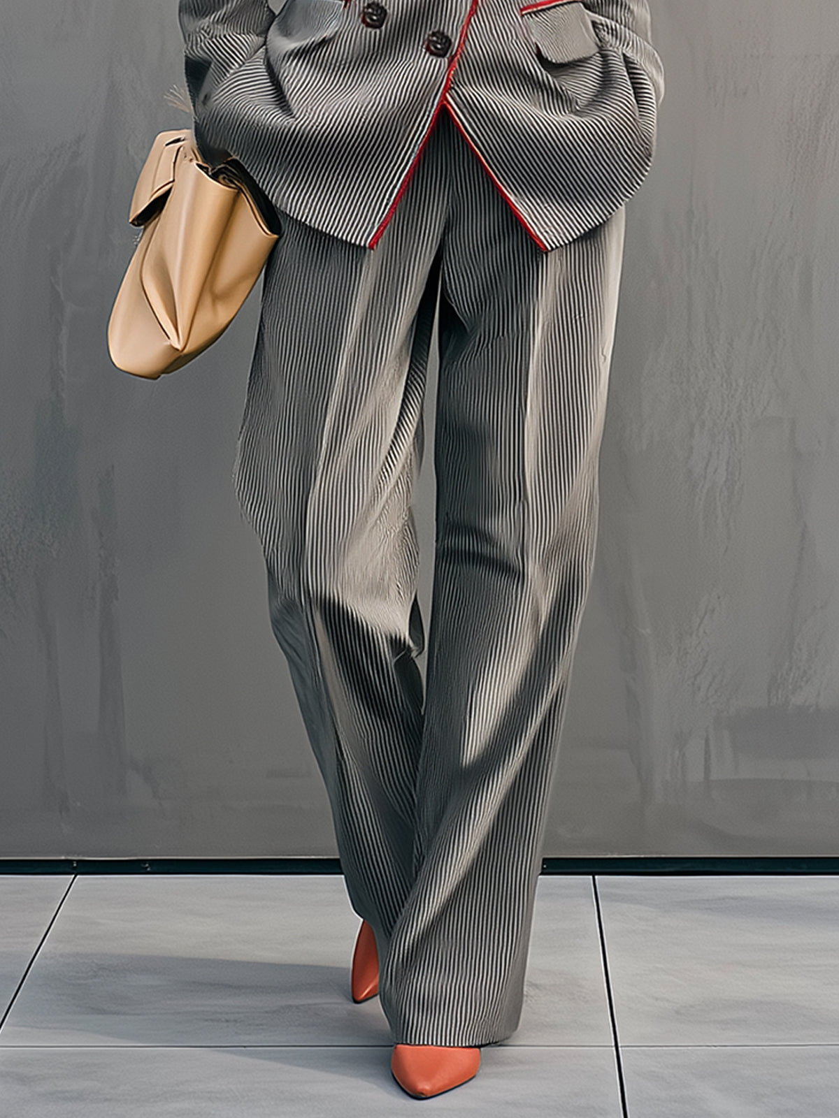 Gray Pinstripe Corduroy Suit With Red Piping