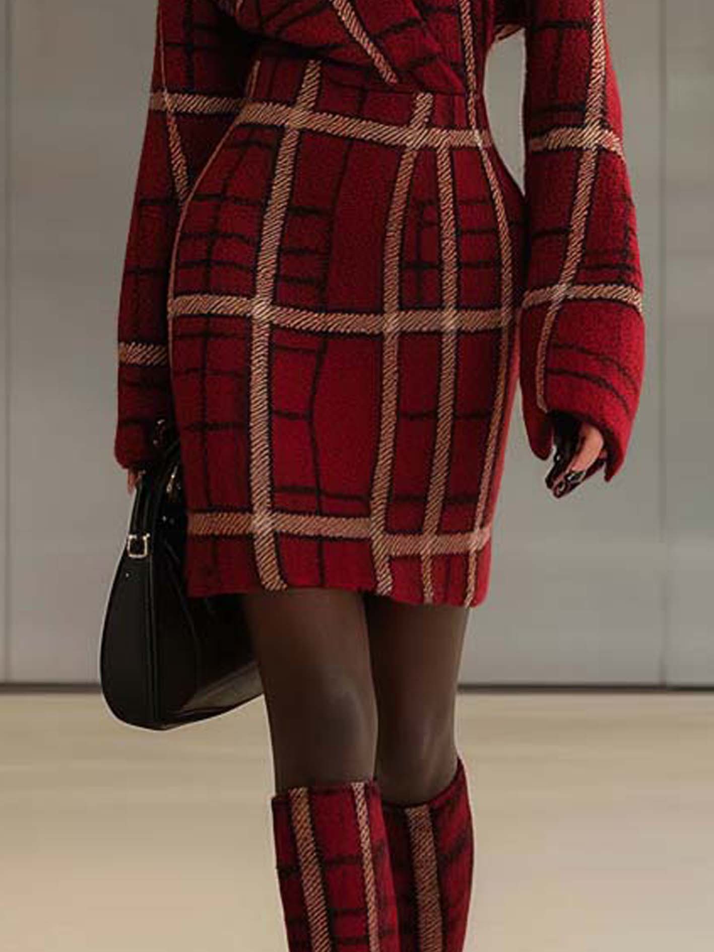 Burgundy Knit Mini Dress With Beige Check