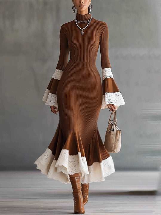 Brown Ribbed Knit Flounce Hem Maxi Dress With Lace Cuff Detail