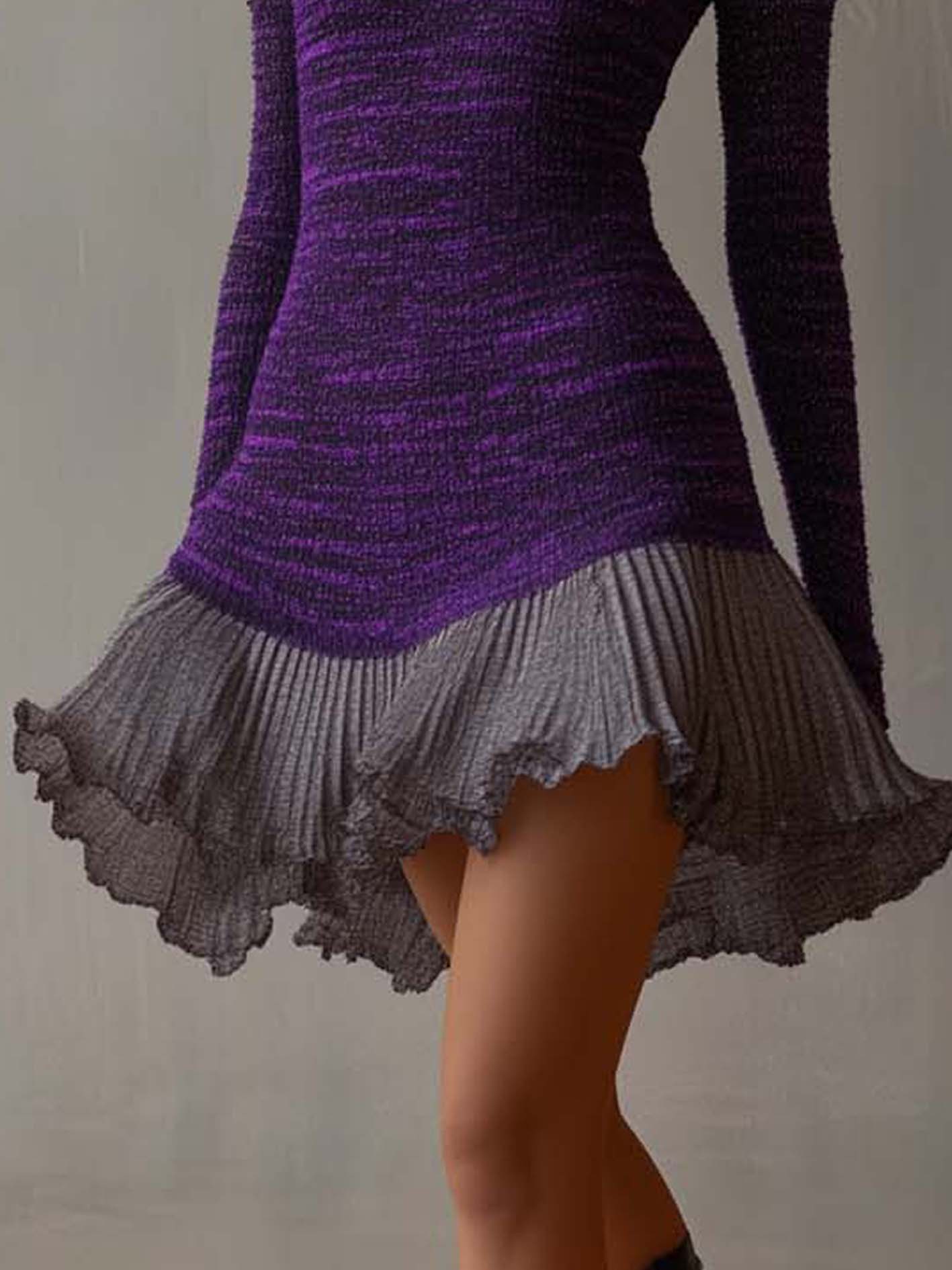 Purple Knitted Mini Dress With Gray Ruffles