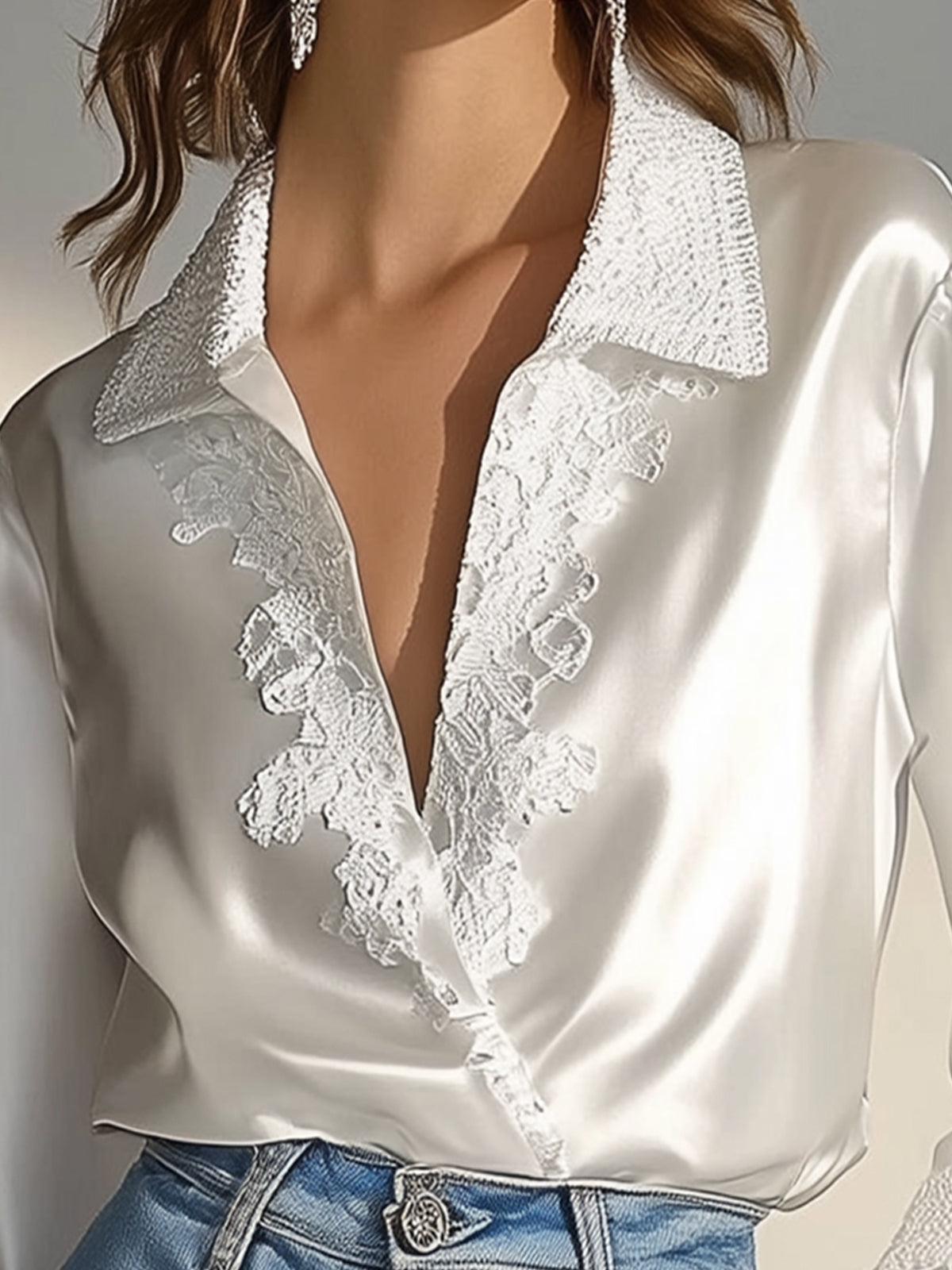 White Satin Blouse With Lace Trim And Crochet Collar