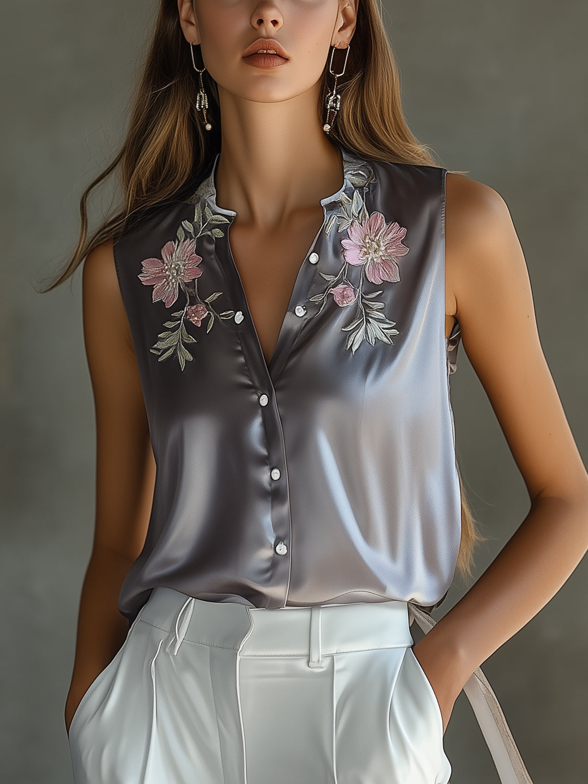 Elegant Satin Floral Embroidery Sleeveless Shirt