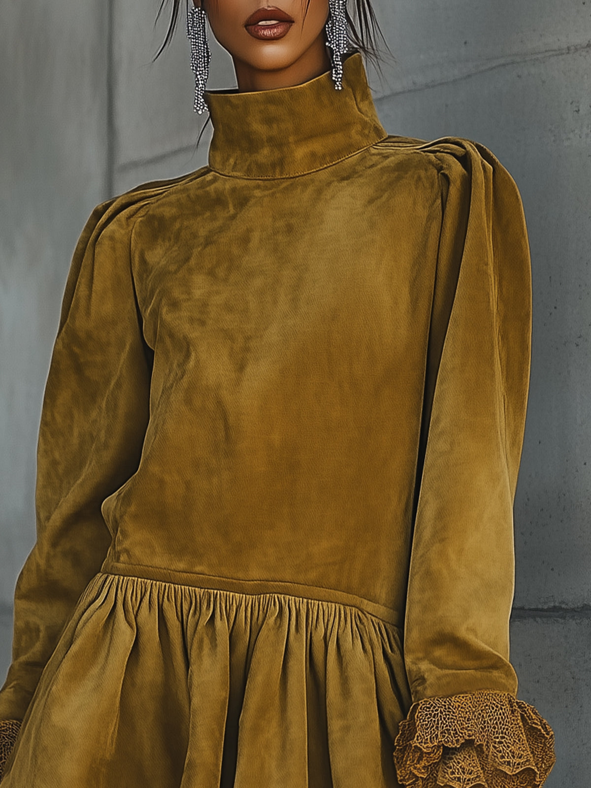 High-Neck Dress With Lace Ruffle Hem