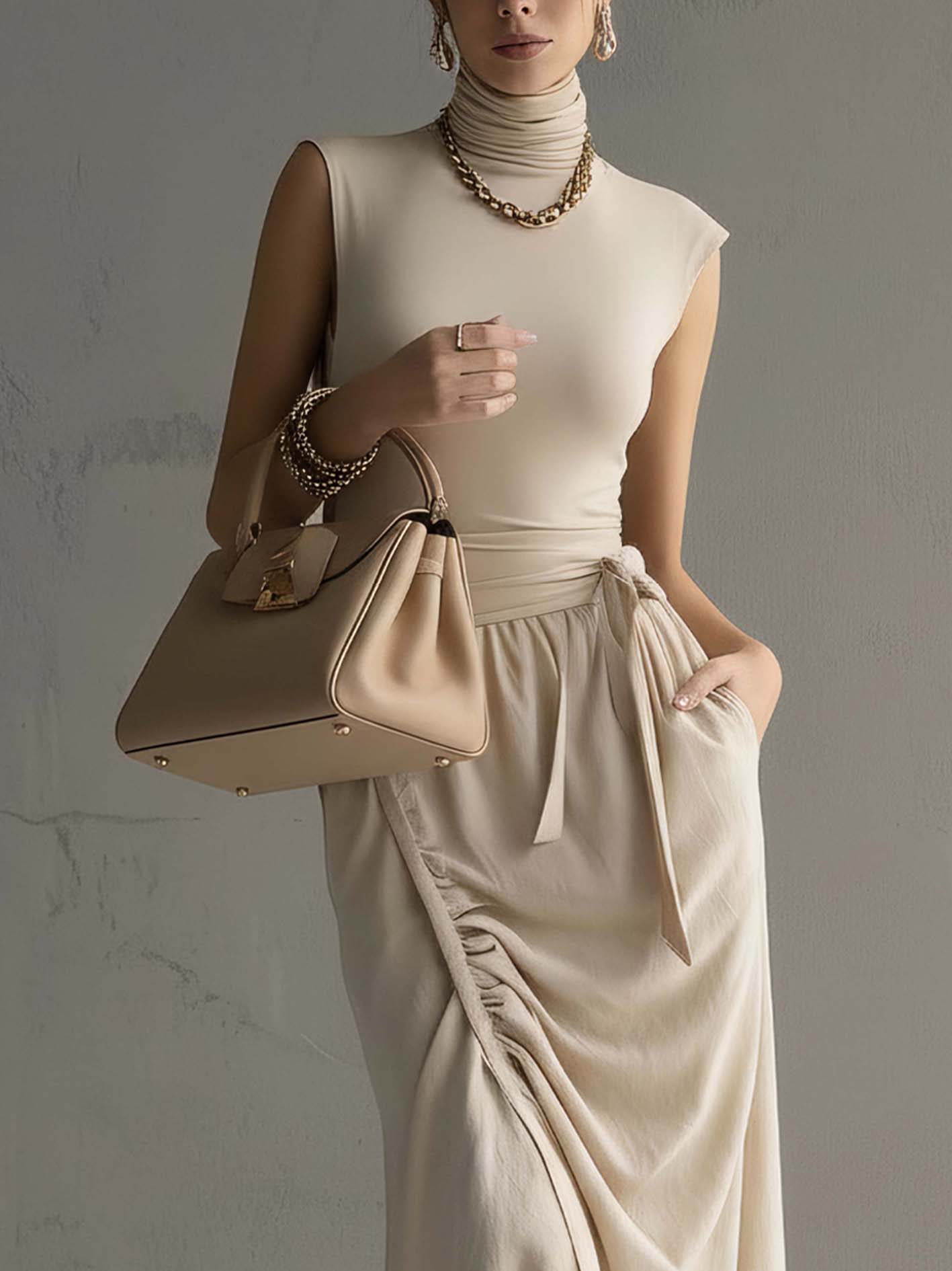 Beige Sleeveless High Stretch Cotton-Linen Patchwork Midi Dress