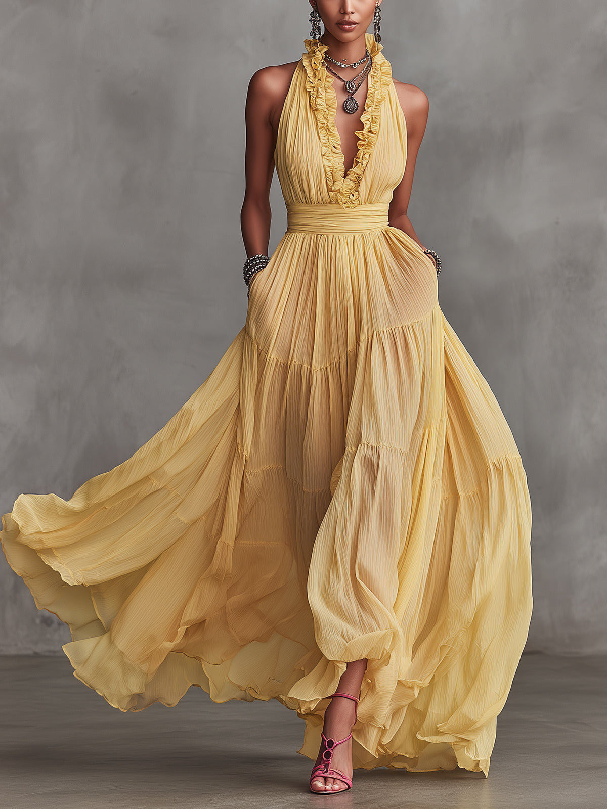 Yellow Ruffle Plunge Pleated Maxi Dress