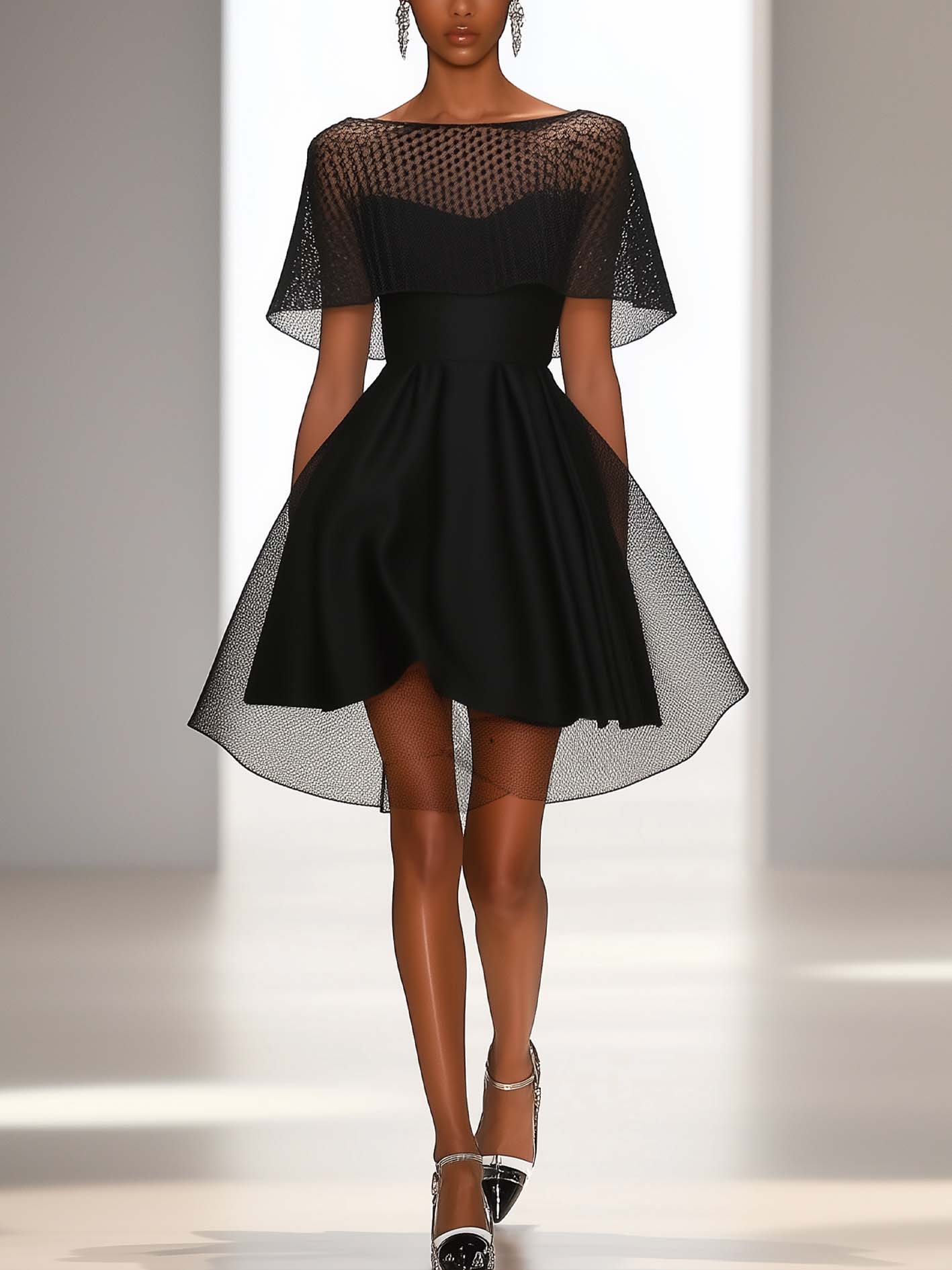 Black Satin Mini Dress With Mesh Cape