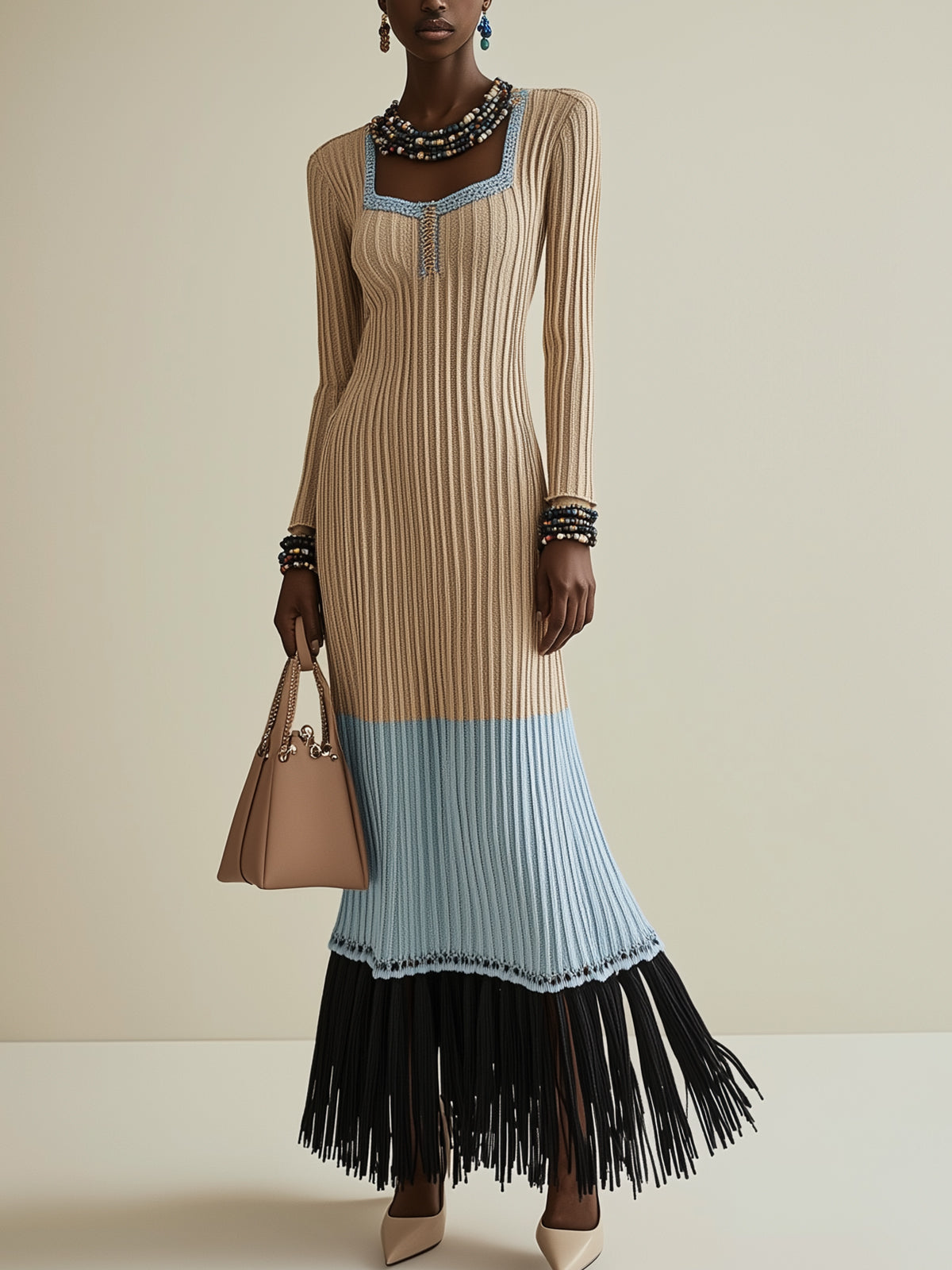 Colorblock Ribbed Maxi Dress With Fringe Hem And Square Neckline