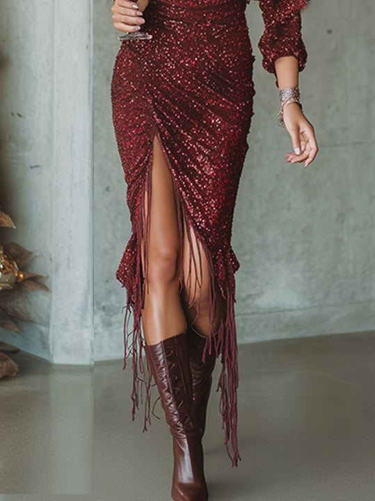 Burgundy Sequin Ruched Fringe Hem Deep V-Neck Midi Dress