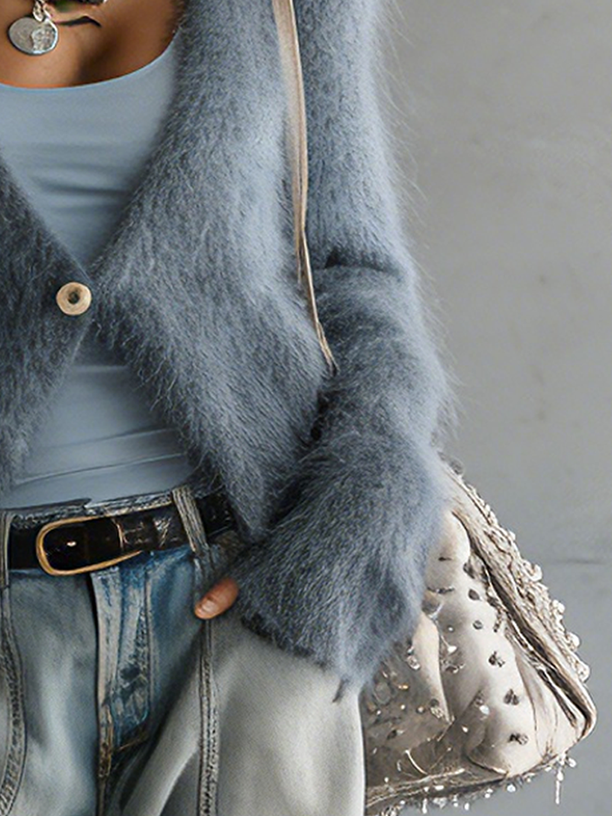 Blue Mohair Short-length Single-button V-neck Cardigan