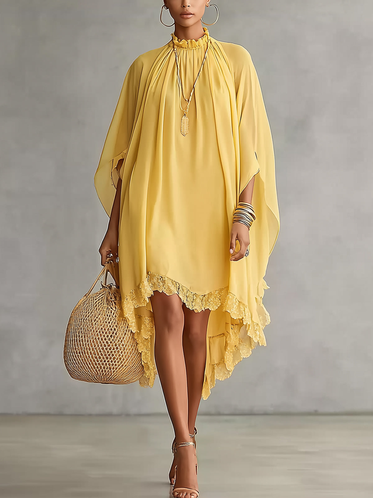 Yellow High-Neck Lace Trim Flowing Kaftan Dress