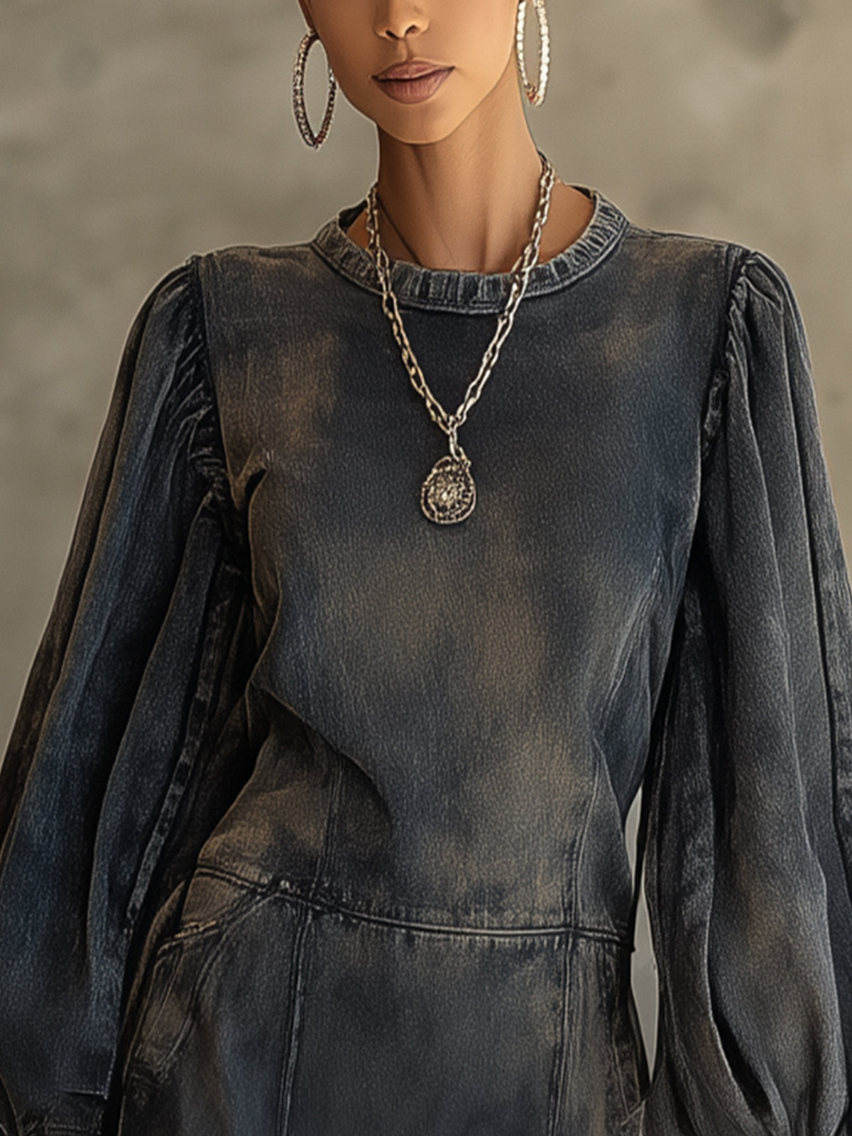 Washed Black Puff Sleeve Ruffle Hem Denim Mini Dress