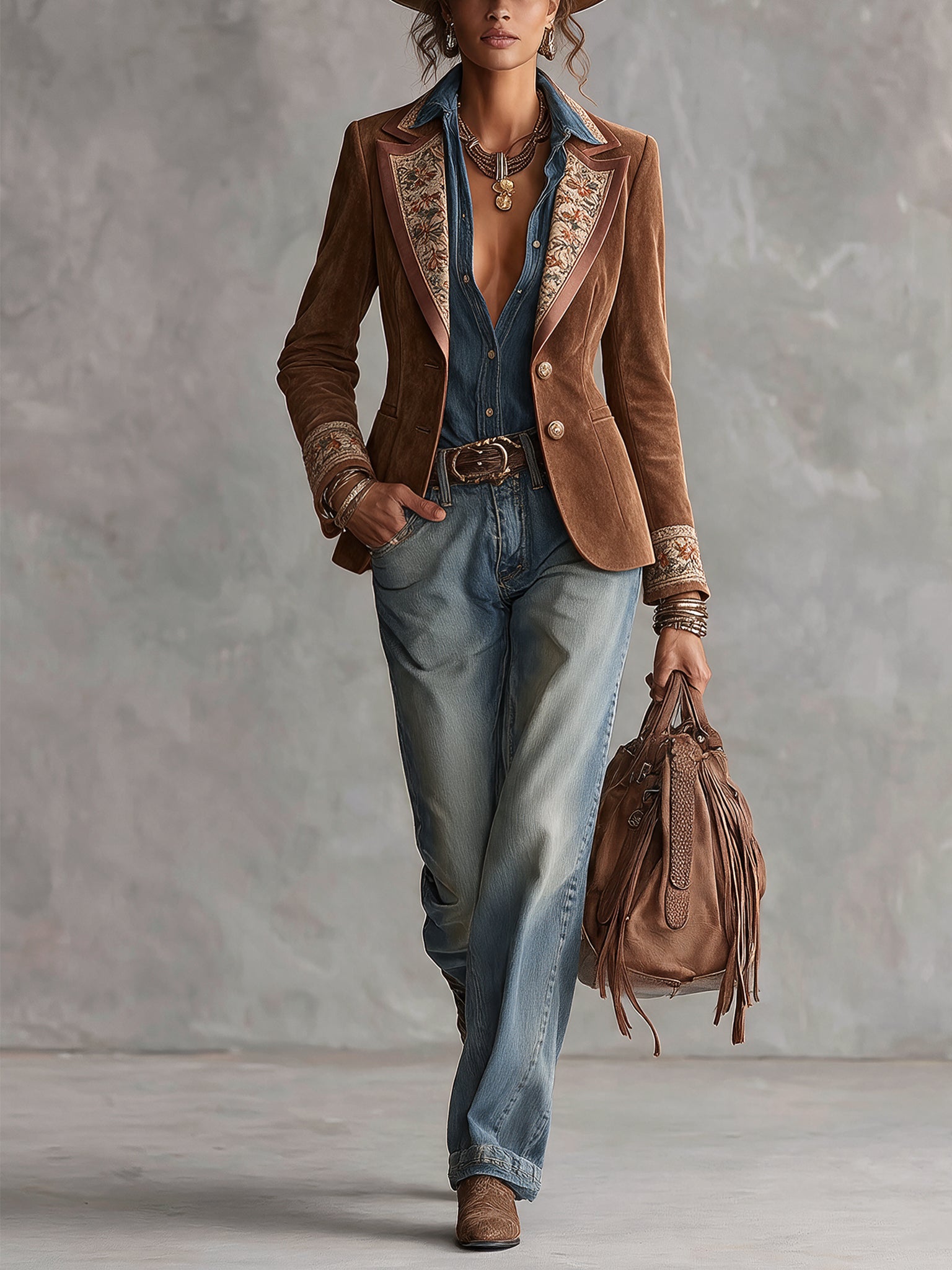 Brown Faux Suede Vintage Print Blazer