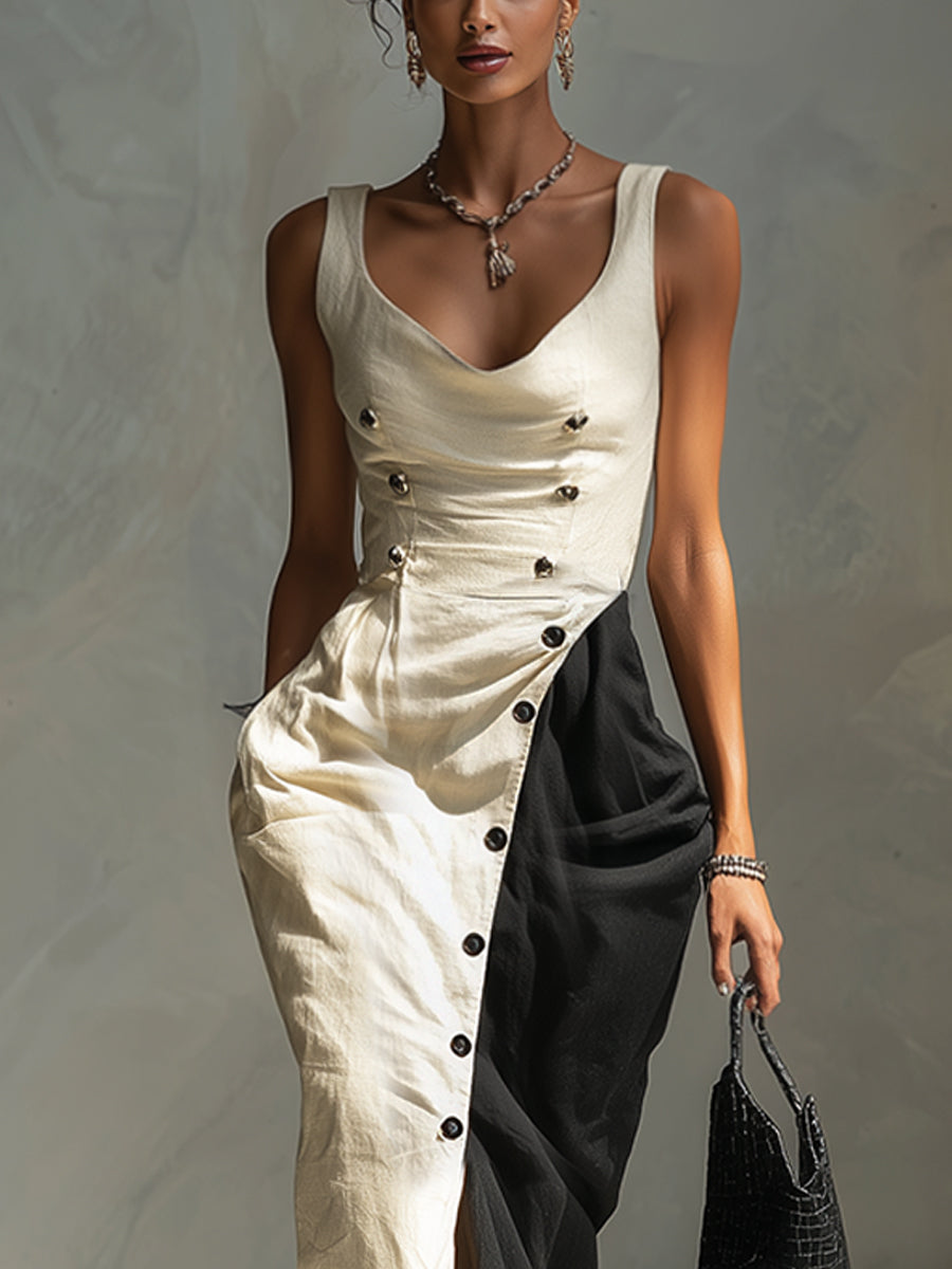 Ivory And Black Linen Sleeveless Bodycon Dress